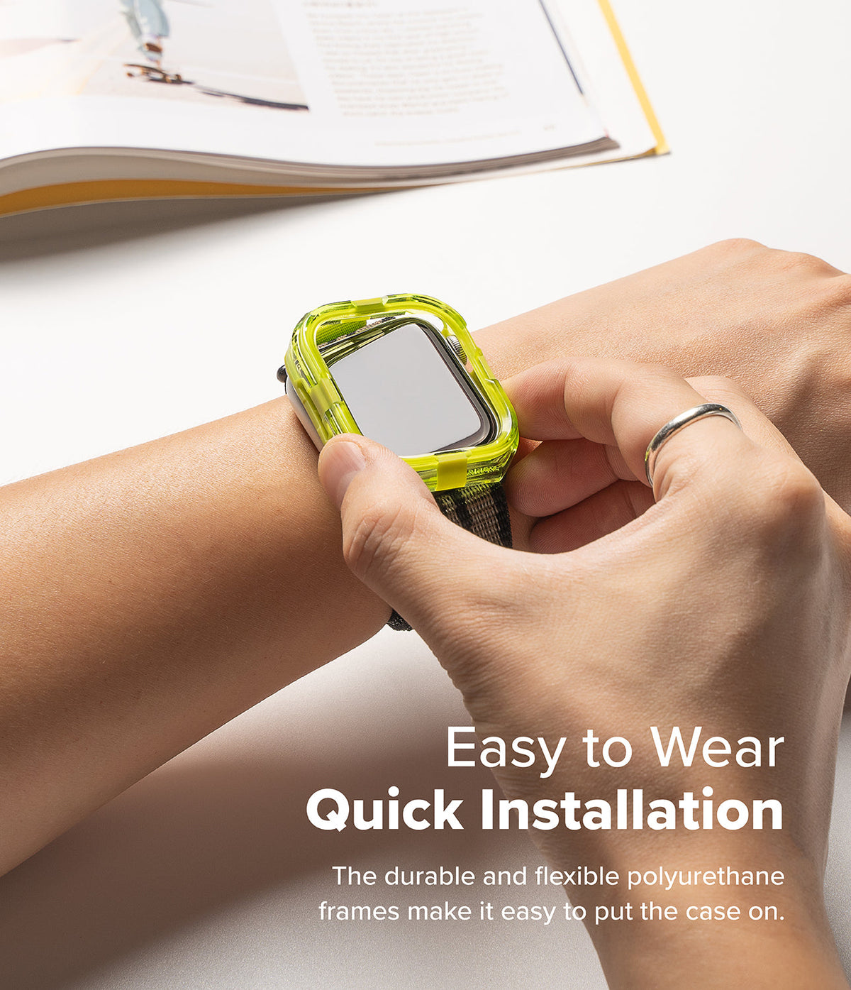 Apple Watch 11 / 10 (42mm) Case | Fusion Bumper - Hands installing a neon yellow flexible bumper case onto an Apple Watch.