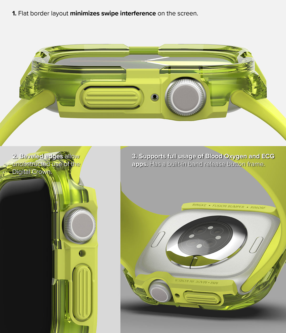 Apple Watch 11 / 10 (42mm) Case | Fusion Bumper - Neon green protective bumper case showing flat edges and sensor access.