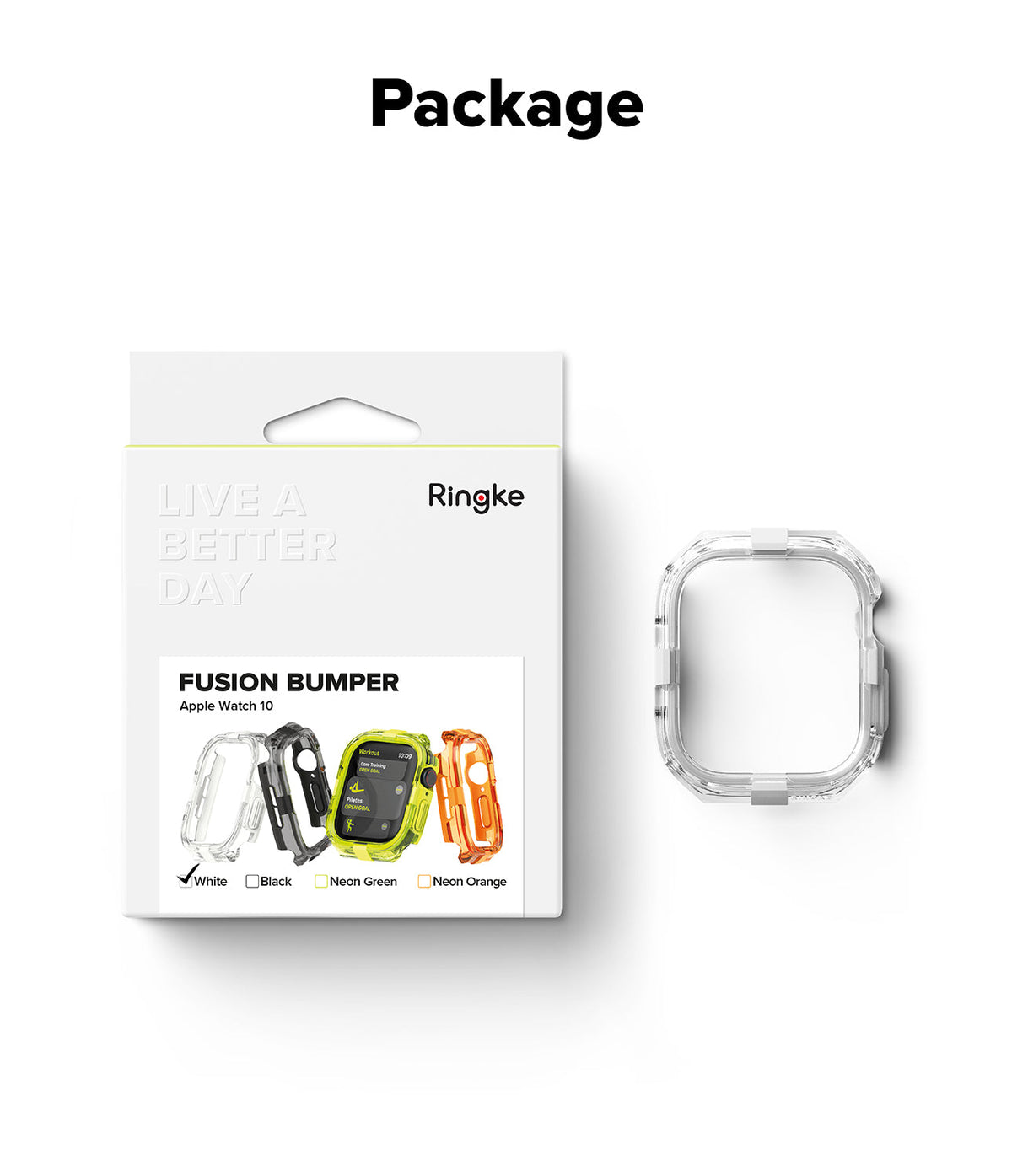 Apple Watch 11 / 10 (42mm) Case | Fusion Bumper - White Ringke Fusion Bumper packaging and a clear watch case.