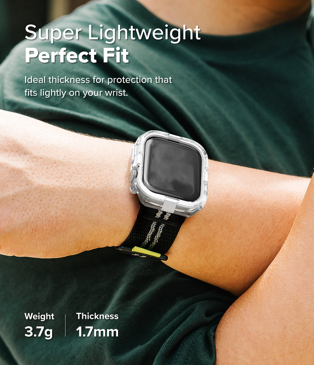 Apple Watch 11 / 10 (42mm) Case | Fusion Bumper - Clear protective bumper case on an Apple Watch worn on a wrist.