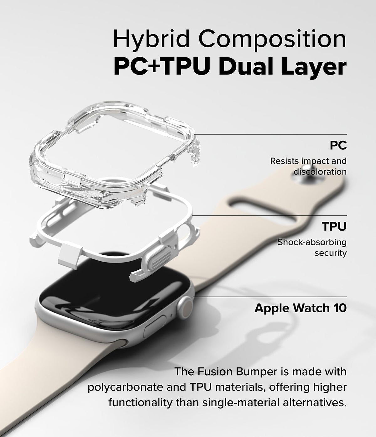 Apple Watch 11 / 10 (42mm) Case | Fusion Bumper - Exploded view showing clear PC and white TPU layers above an Apple Watch.