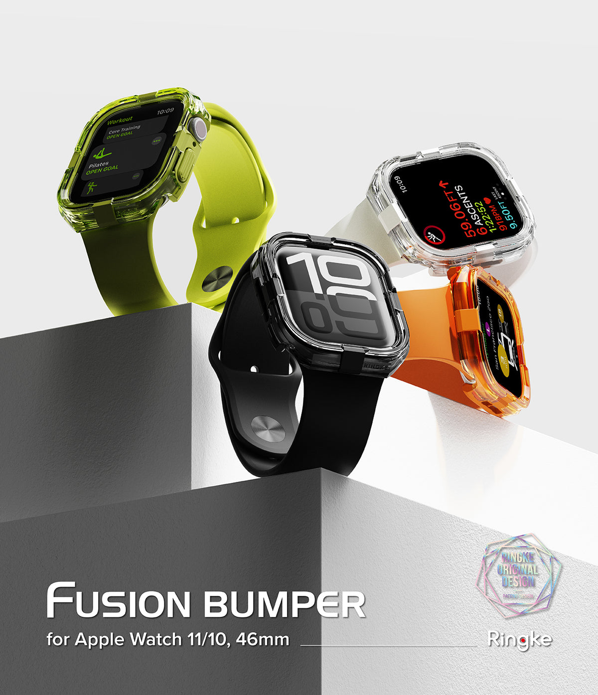 Apple Watch 11 / 10 (46mm) Case | Fusion Bumper - Four Apple Watches with colorful Fusion Bumper cases on white blocks.