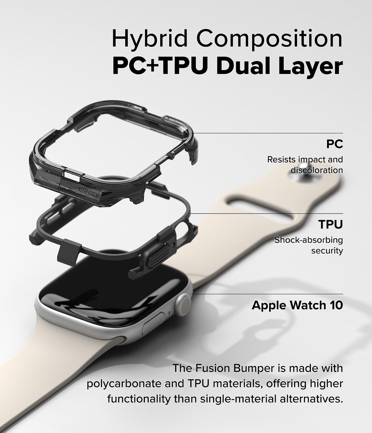 Apple Watch 11 / 10 (46mm) Case | Fusion Bumper - Exploded view of a dual-layer PC and TPU bumper case for Apple Watch.