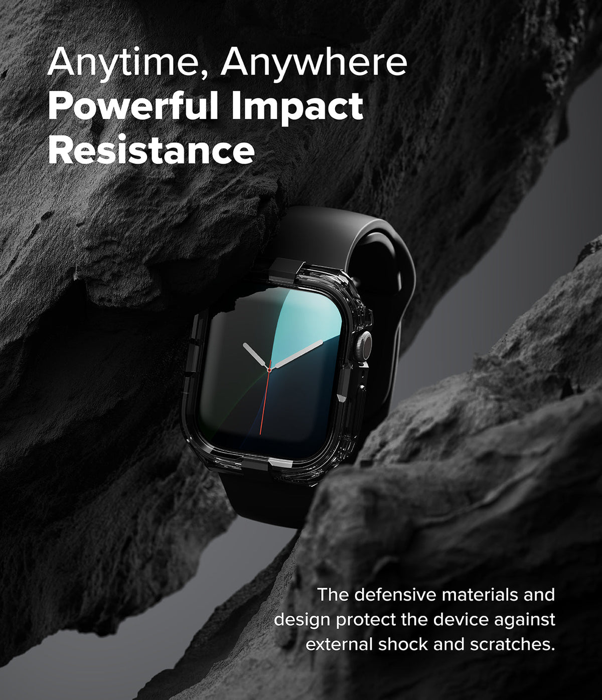 Apple Watch 11 / 10 (46mm) Case | Fusion Bumper - Apple Watch with a clear protective bumper nestled between dark rocks.