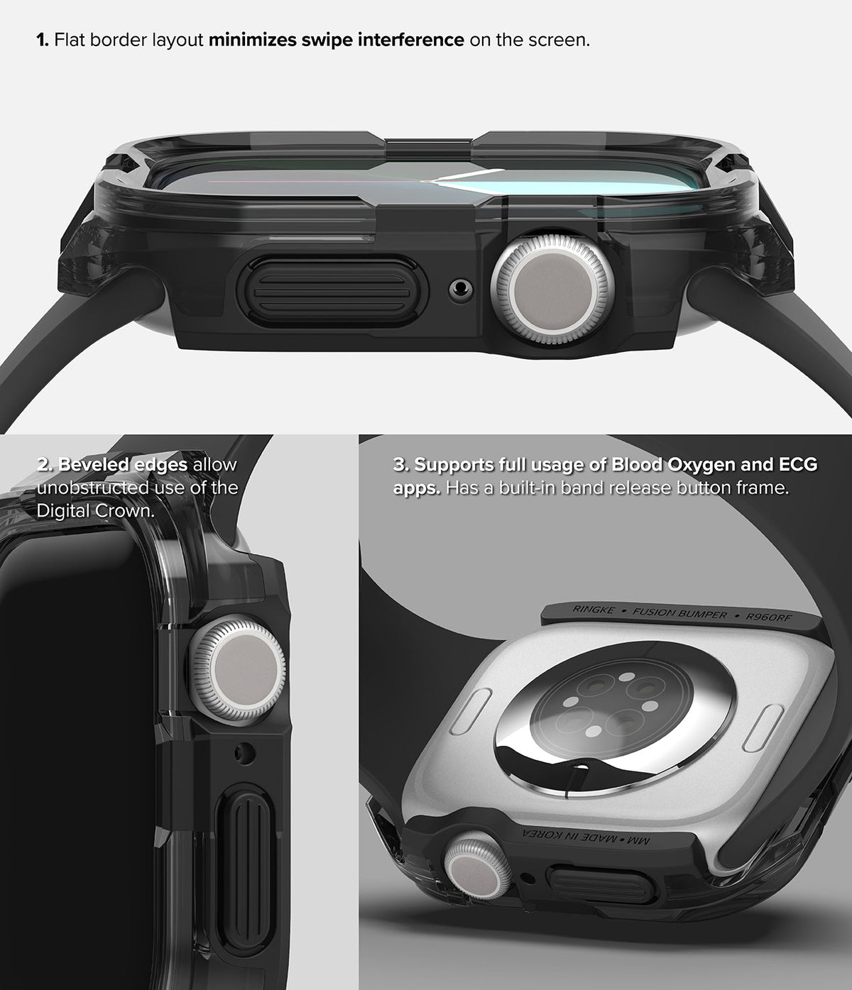 Apple Watch 11 / 10 (46mm) Case | Fusion Bumper - Close-up views of black bumper case showing flat edges, crown access, and sensor cutouts.