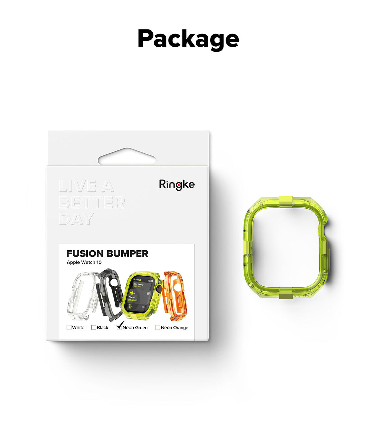 Apple Watch 11 / 10 (46mm) Case | Fusion Bumper - Neon green protective watch bumper next to its retail packaging.