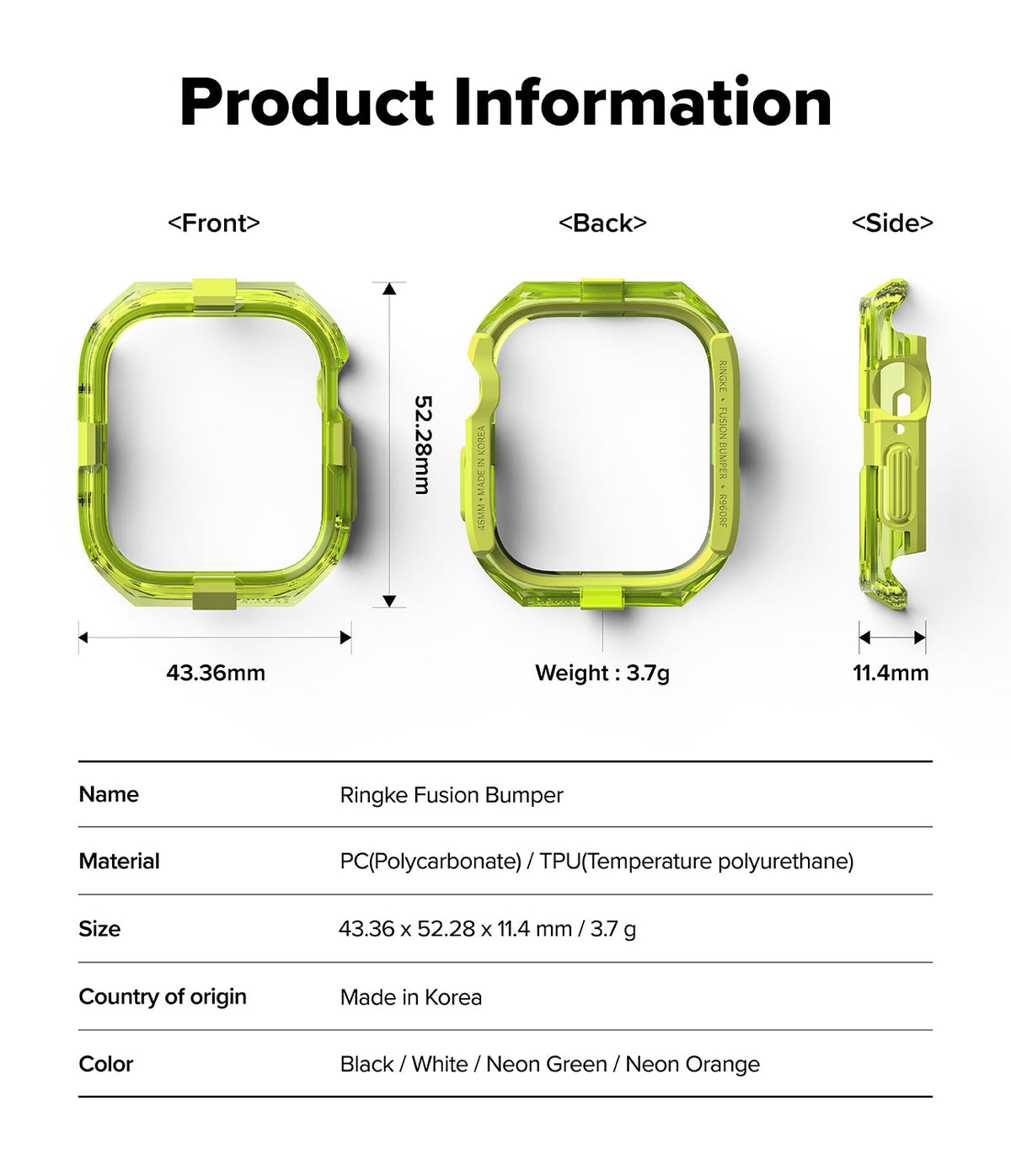 Apple Watch 11 / 10 (46mm) Case | Fusion Bumper - Technical diagram showing front, back, and side views with dimensions.