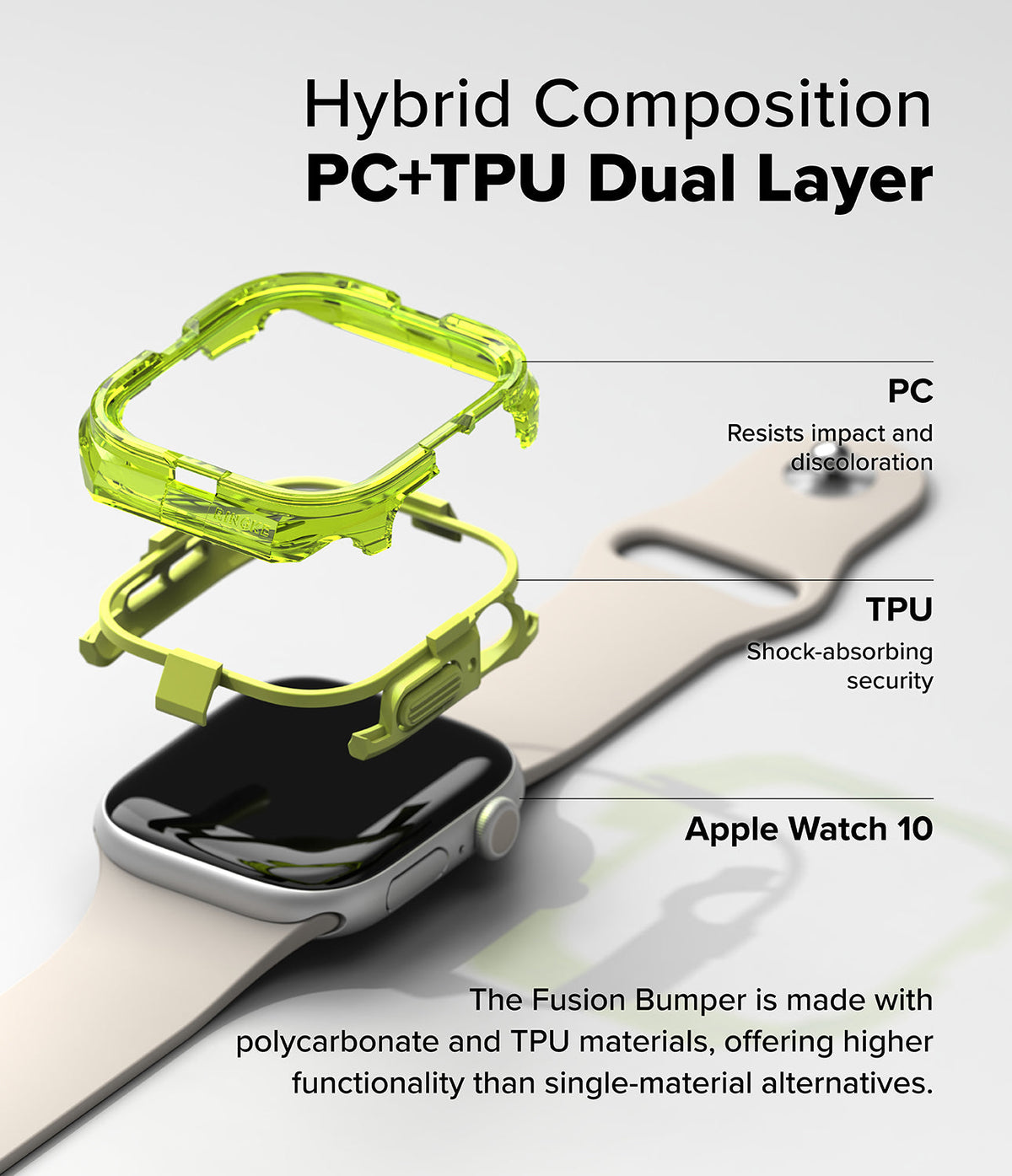 Apple Watch 11 / 10 (46mm) Case | Fusion Bumper - Exploded view of a neon green hybrid PC and TPU bumper case for Apple Watch.