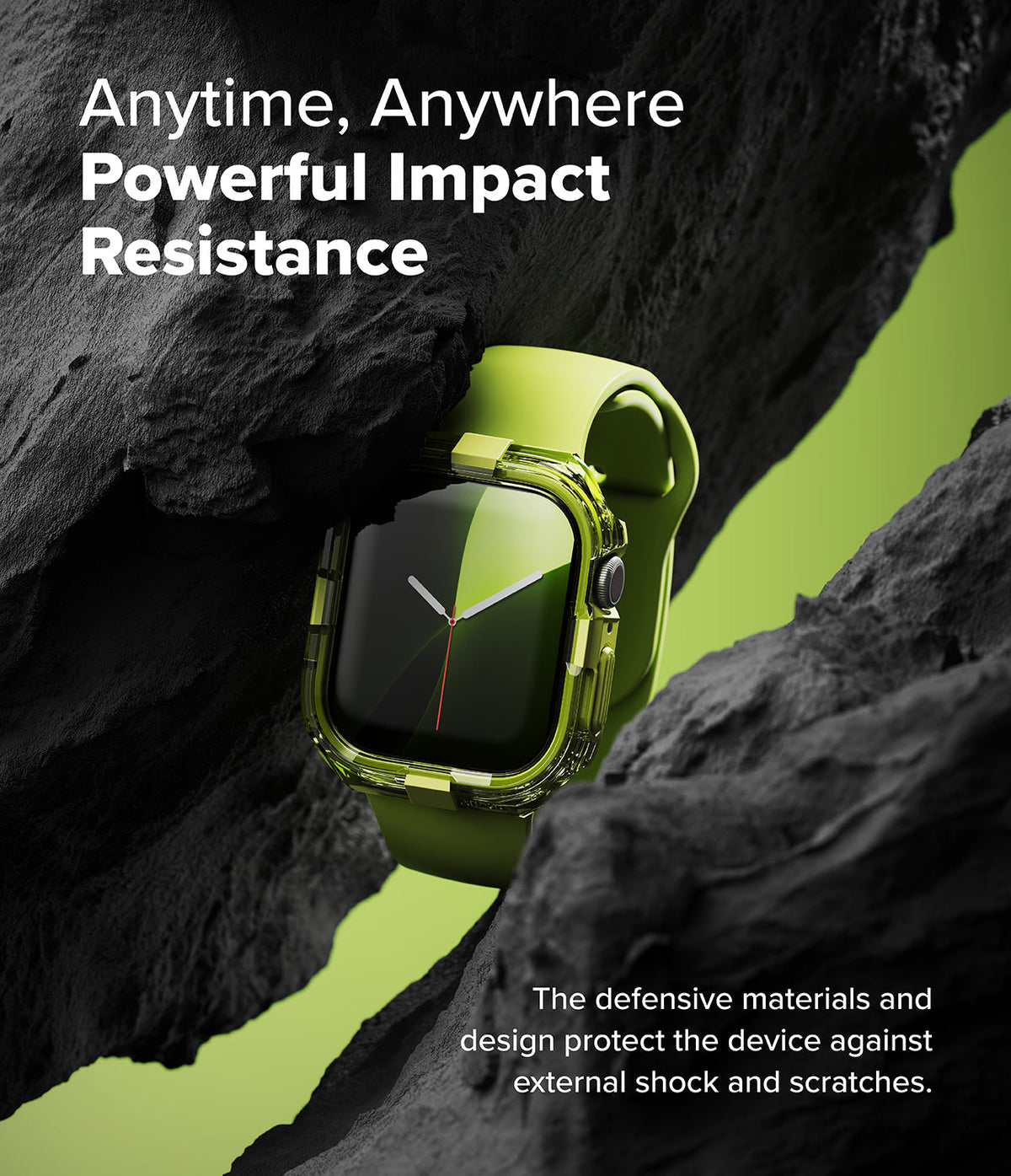 Apple Watch 11 / 10 (46mm) Case | Fusion Bumper - Lime green Apple Watch with clear protective bumper nestled between jagged black rocks.