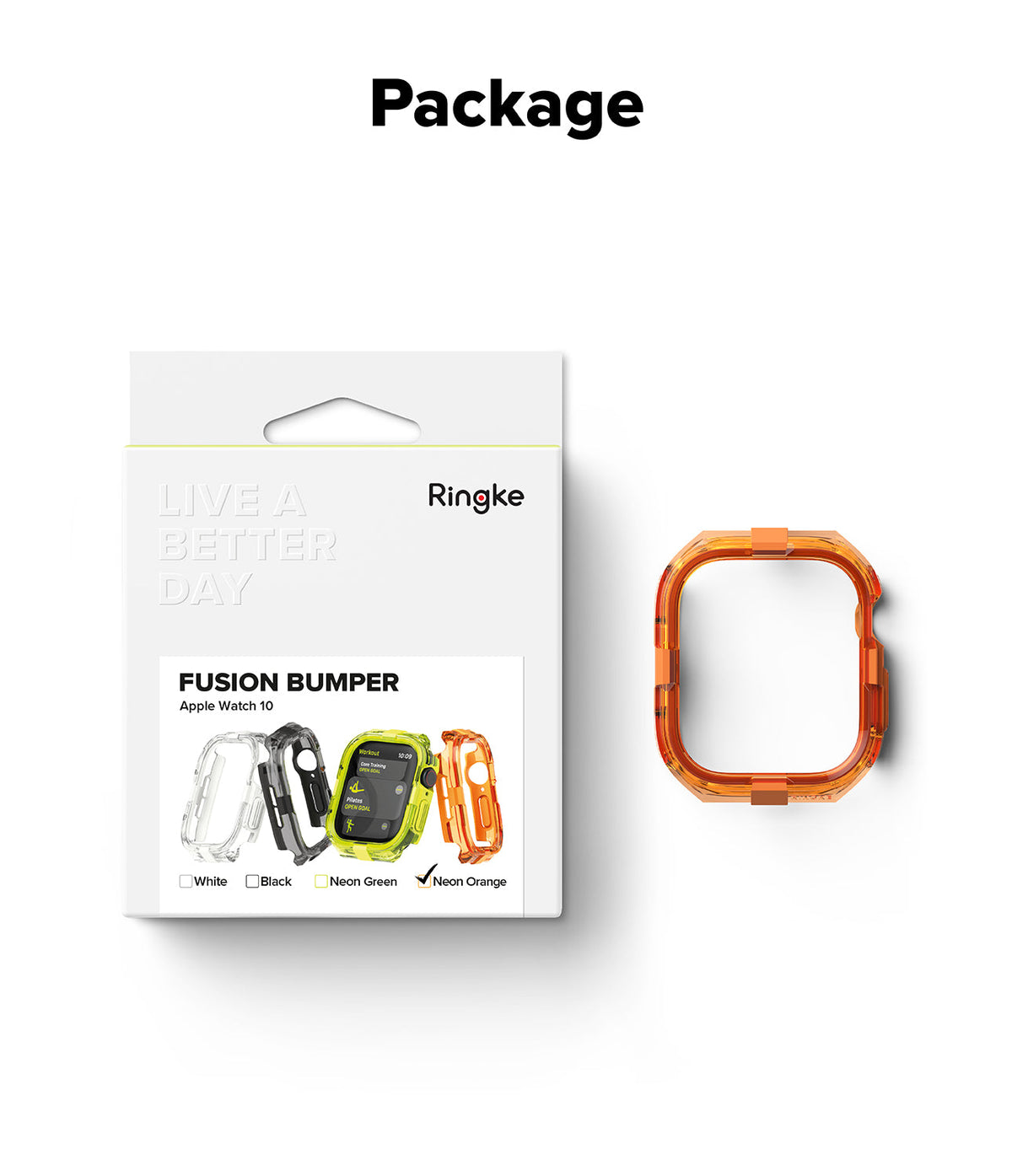 Apple Watch 11 / 10 (46mm) Case | Fusion Bumper - Retail packaging box next to a translucent neon orange watch bumper.