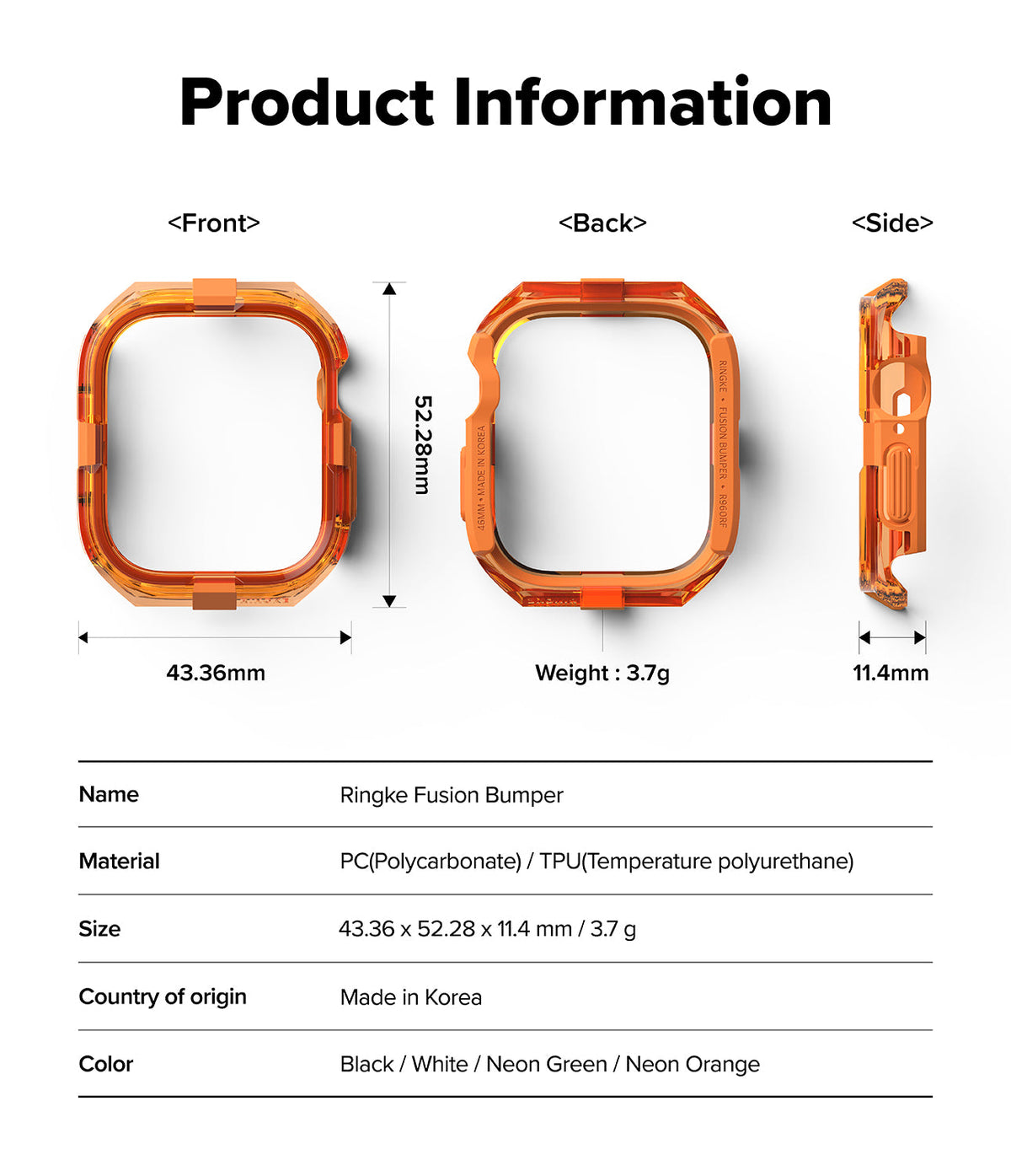 Apple Watch 11 / 10 (46mm) Case | Fusion Bumper - Technical diagram showing dimensions and specs of an orange bumper.