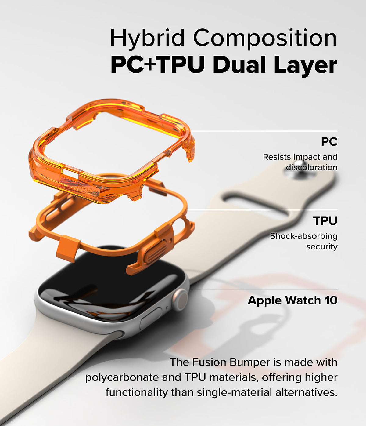 Apple Watch 11 / 10 (46mm) Case | Fusion Bumper - Exploded view of a dual-layer orange bumper case for Apple Watch.