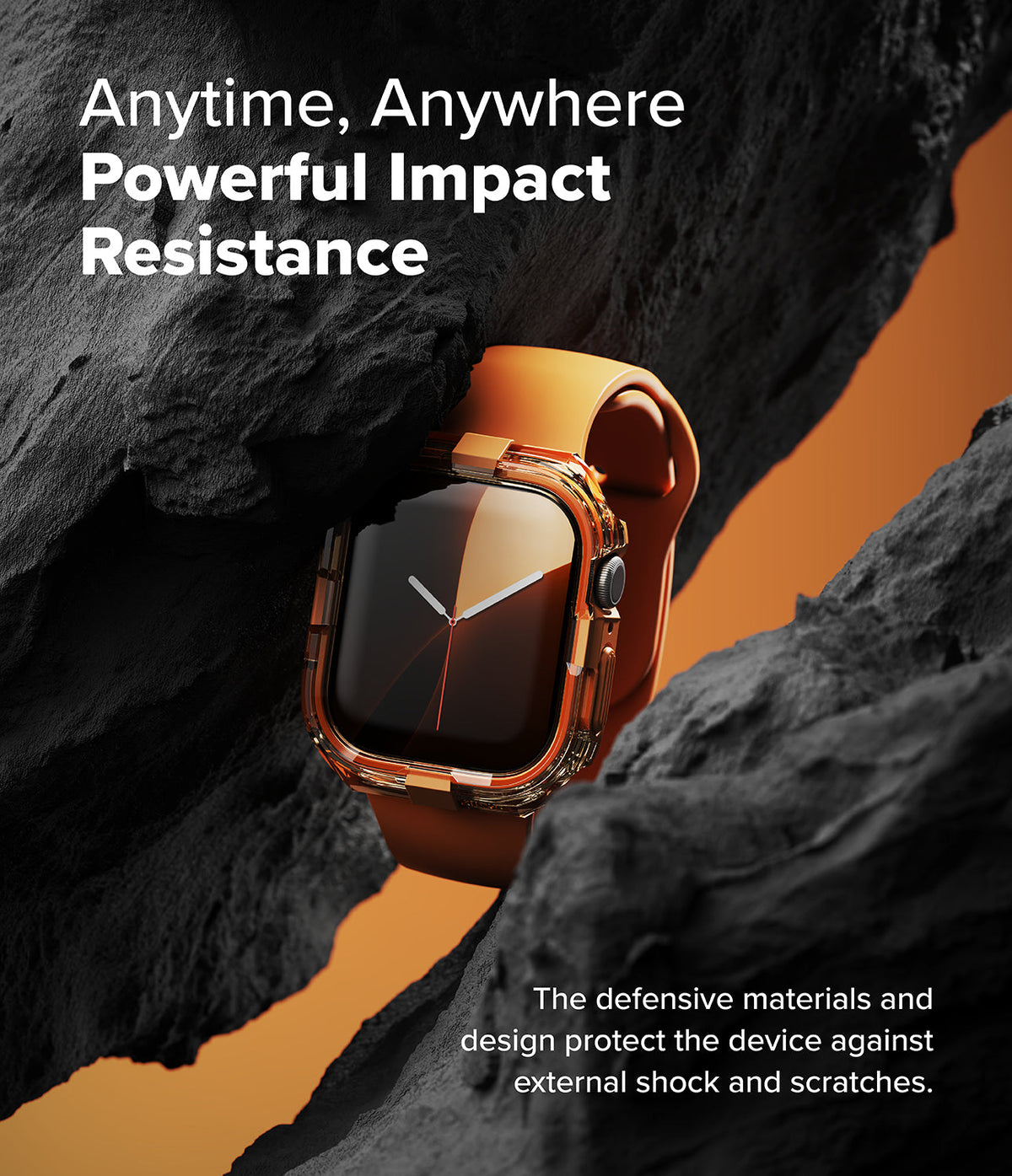 Apple Watch 11 / 10 (46mm) Case | Fusion Bumper - Orange Apple Watch with clear protective bumper nestled between dark, jagged volcanic rocks.