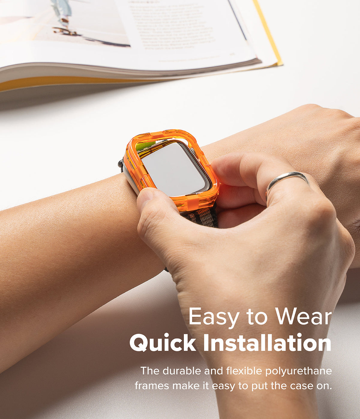 Apple Watch 11 / 10 (46mm) Case | Fusion Bumper - Hands snapping a translucent orange protective bumper onto an Apple Watch.