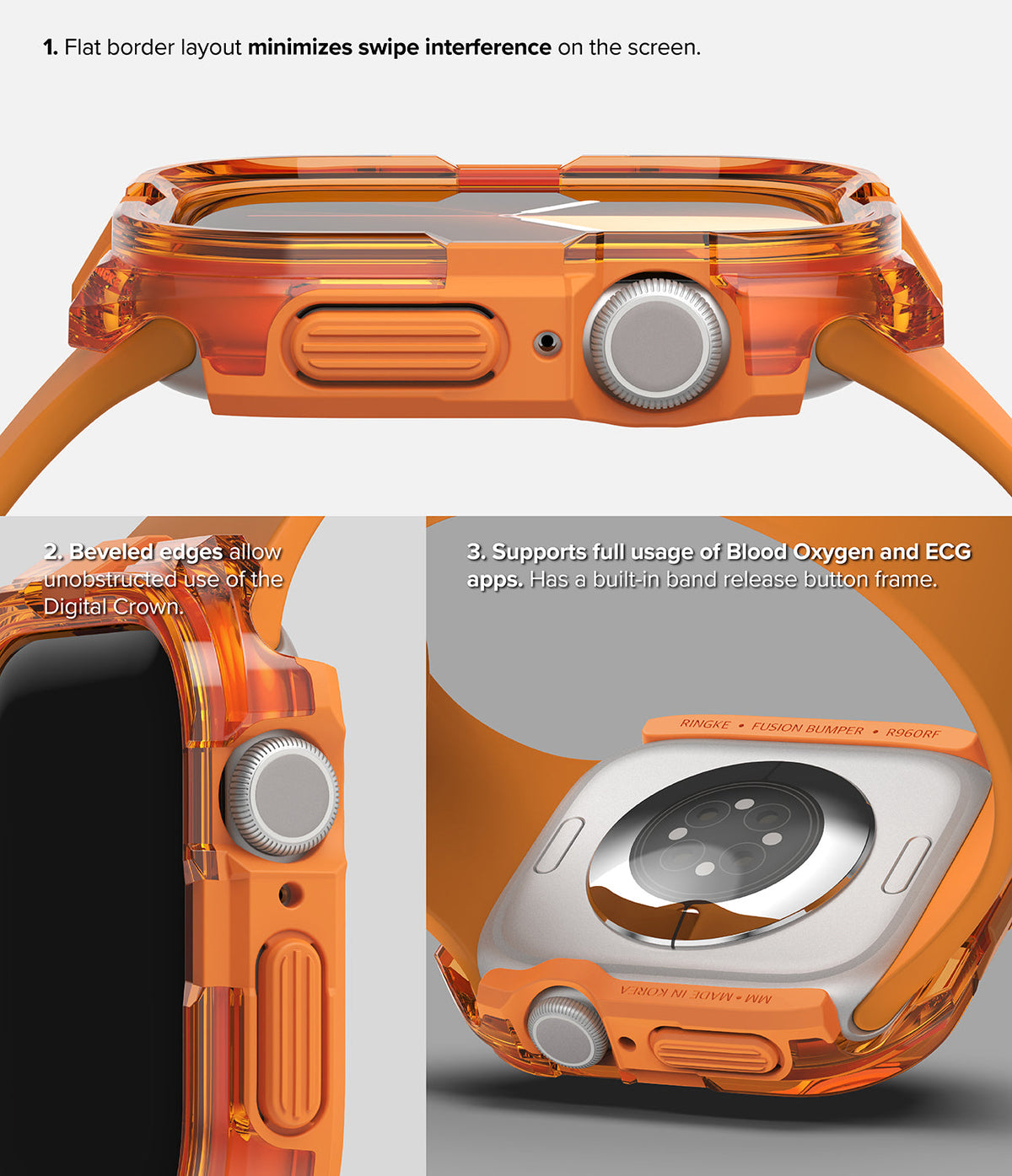 Apple Watch 11 / 10 (46mm) Case | Fusion Bumper - Orange translucent bumper case showing flat edges, crown access, and sensor compatibility.
