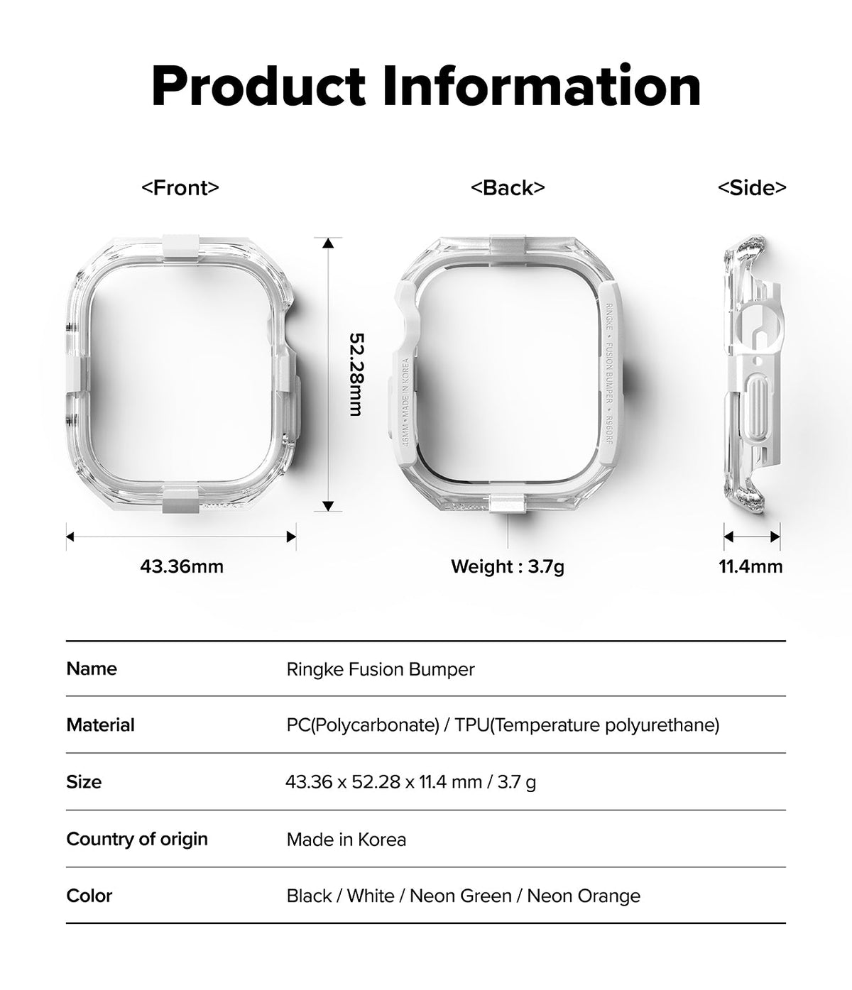 Apple Watch 11 / 10 (46mm) Case | Fusion Bumper - Technical diagram showing front, back, and side views with dimensions.