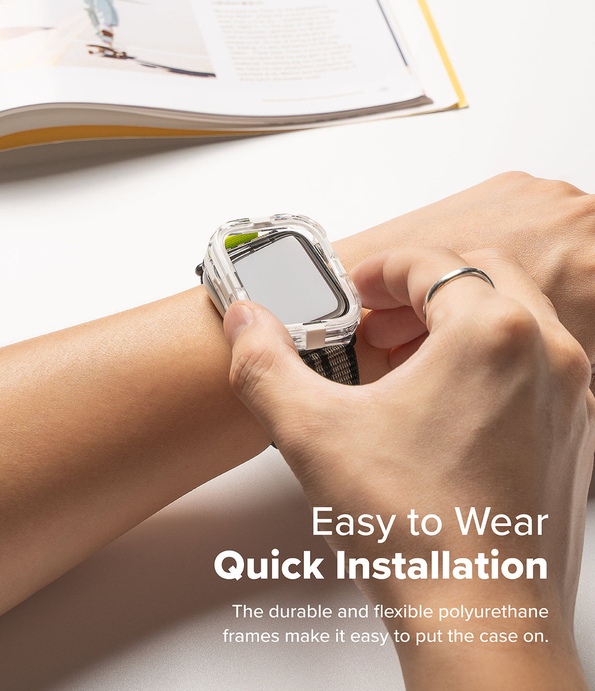 Apple Watch 11 / 10 (46mm) Case | Fusion Bumper - Hands installing a clear, flexible bumper case onto an Apple Watch.