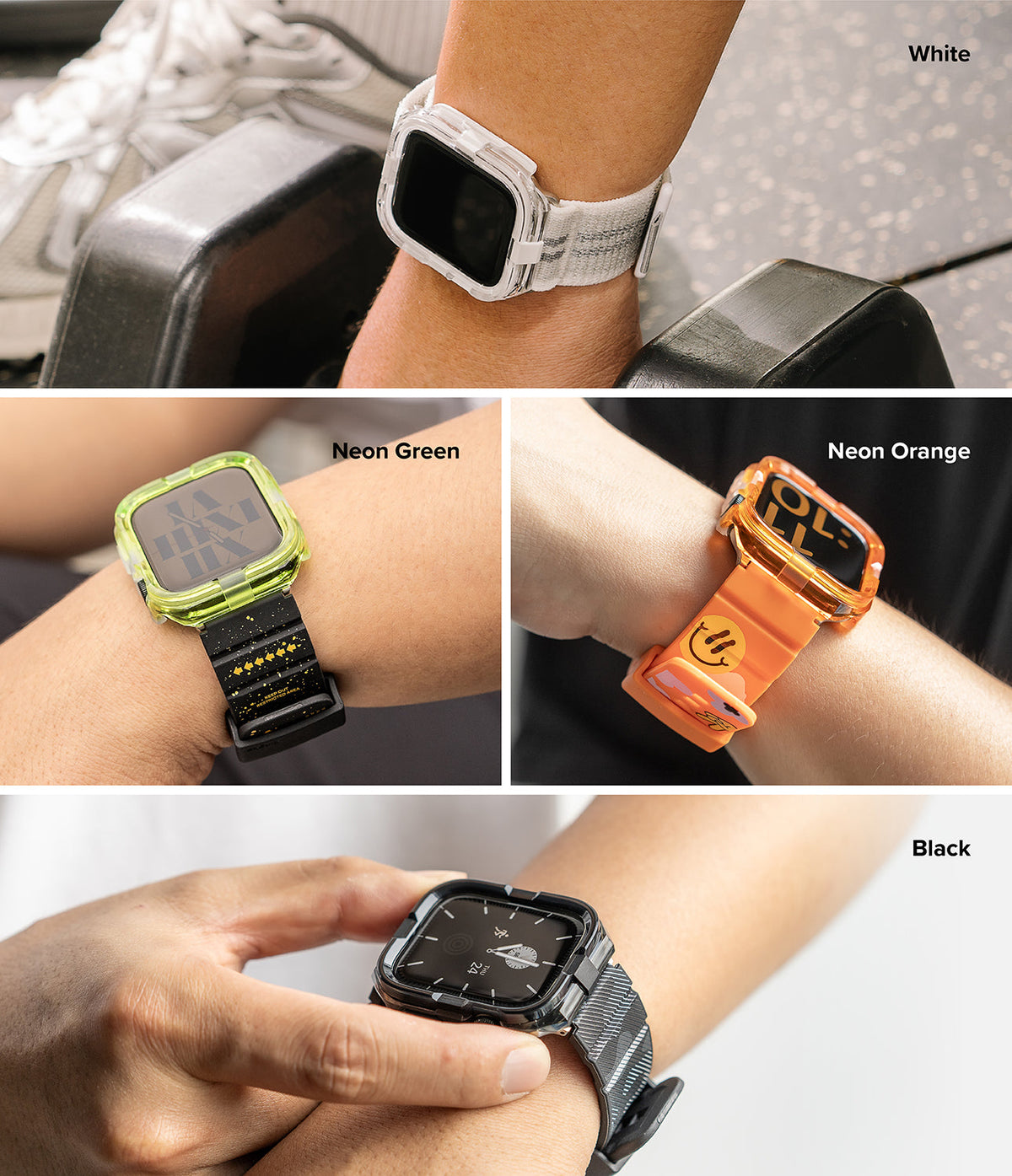 Apple Watch 11 / 10 (46mm) Case | Fusion Bumper - Four wrists wearing Apple Watches with white, neon green, neon orange, and black bumper cases.