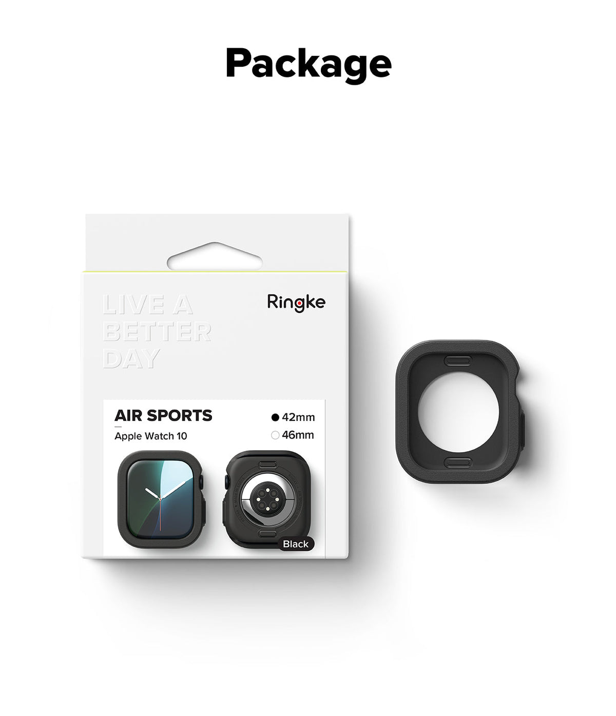 Apple Watch 11 / 10 (42mm) Case | Air Sports - Retail packaging for a black 42mm Apple Watch case with the product shown.