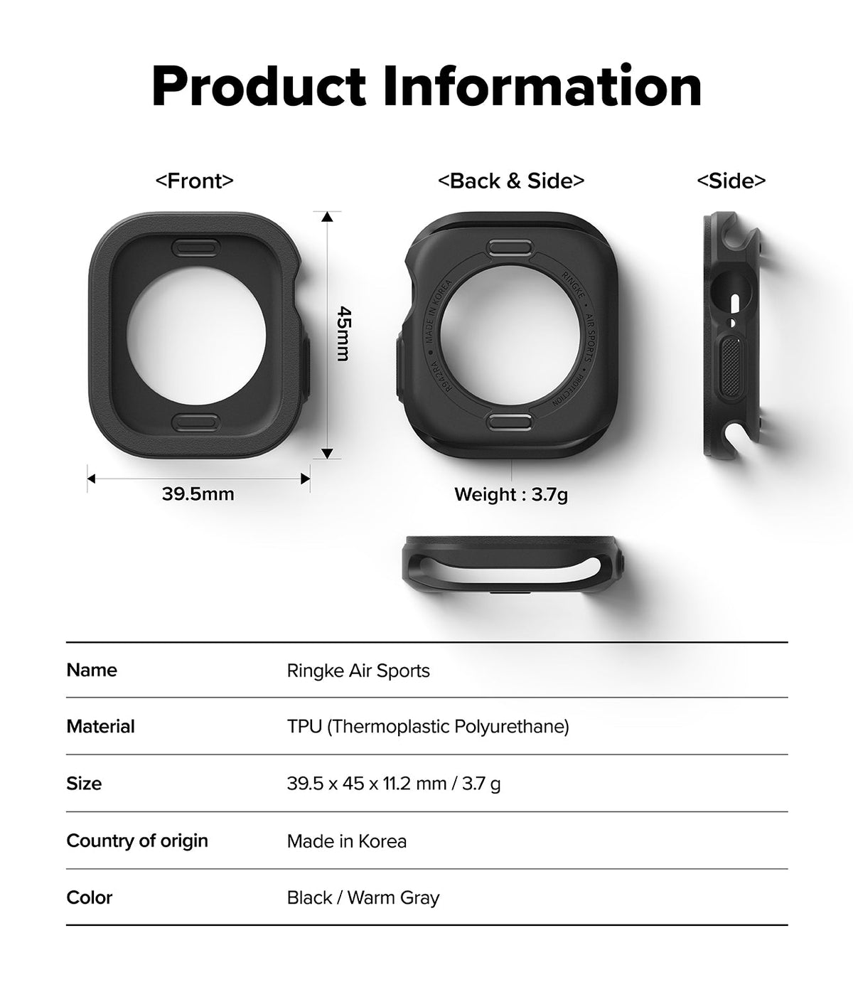 Apple Watch 11 / 10 (42mm) Case | Air Sports - Technical diagram showing dimensions, weight, and views of the black TPU watch case.