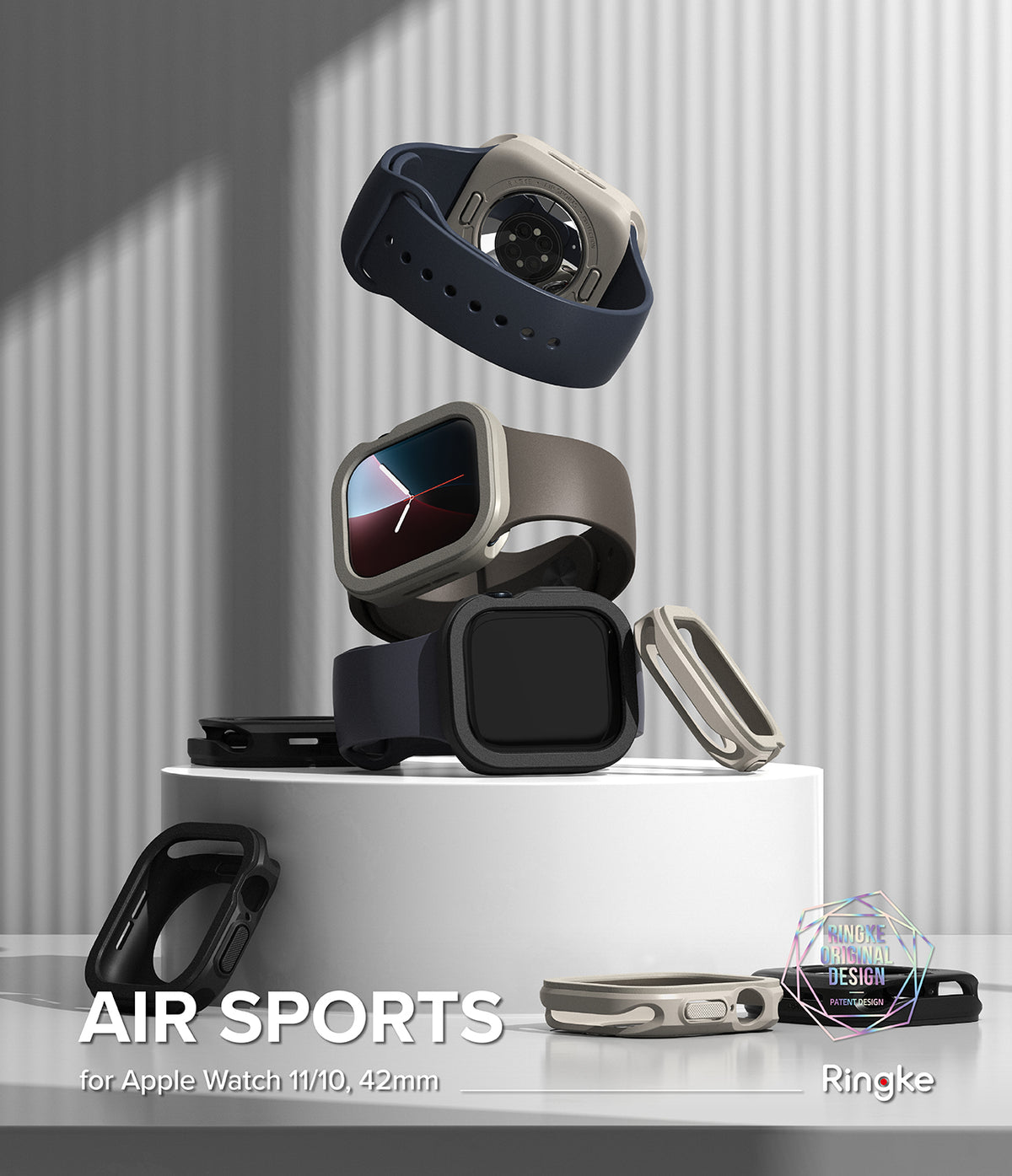 Apple Watch 11 / 10 (42mm) Case | Air Sports - Stacked Apple Watches with protective cases in black and beige.