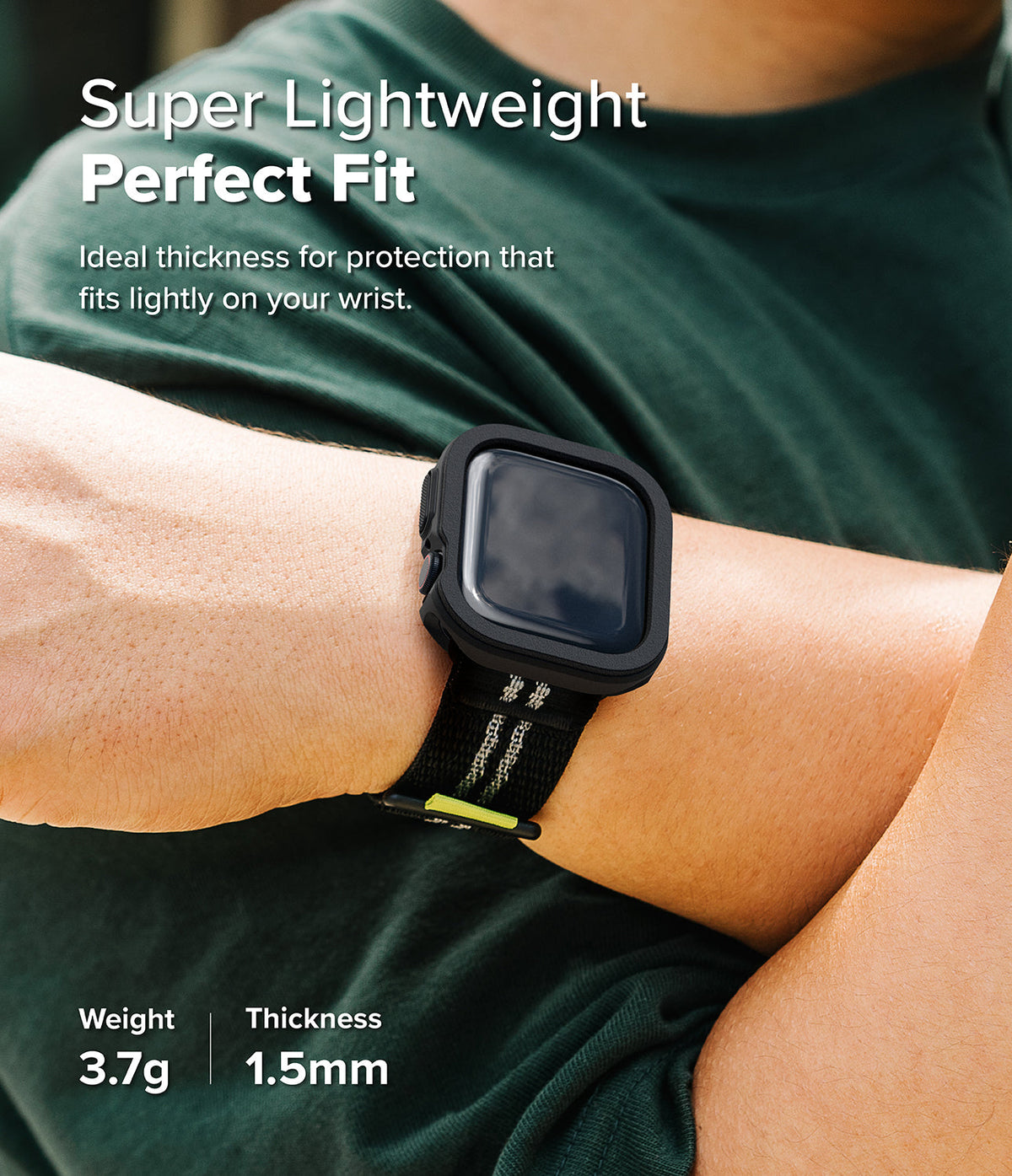 Apple Watch 11 / 10 (42mm) Case | Air Sports - Black protective watch case on a wrist with a black and neon green strap.