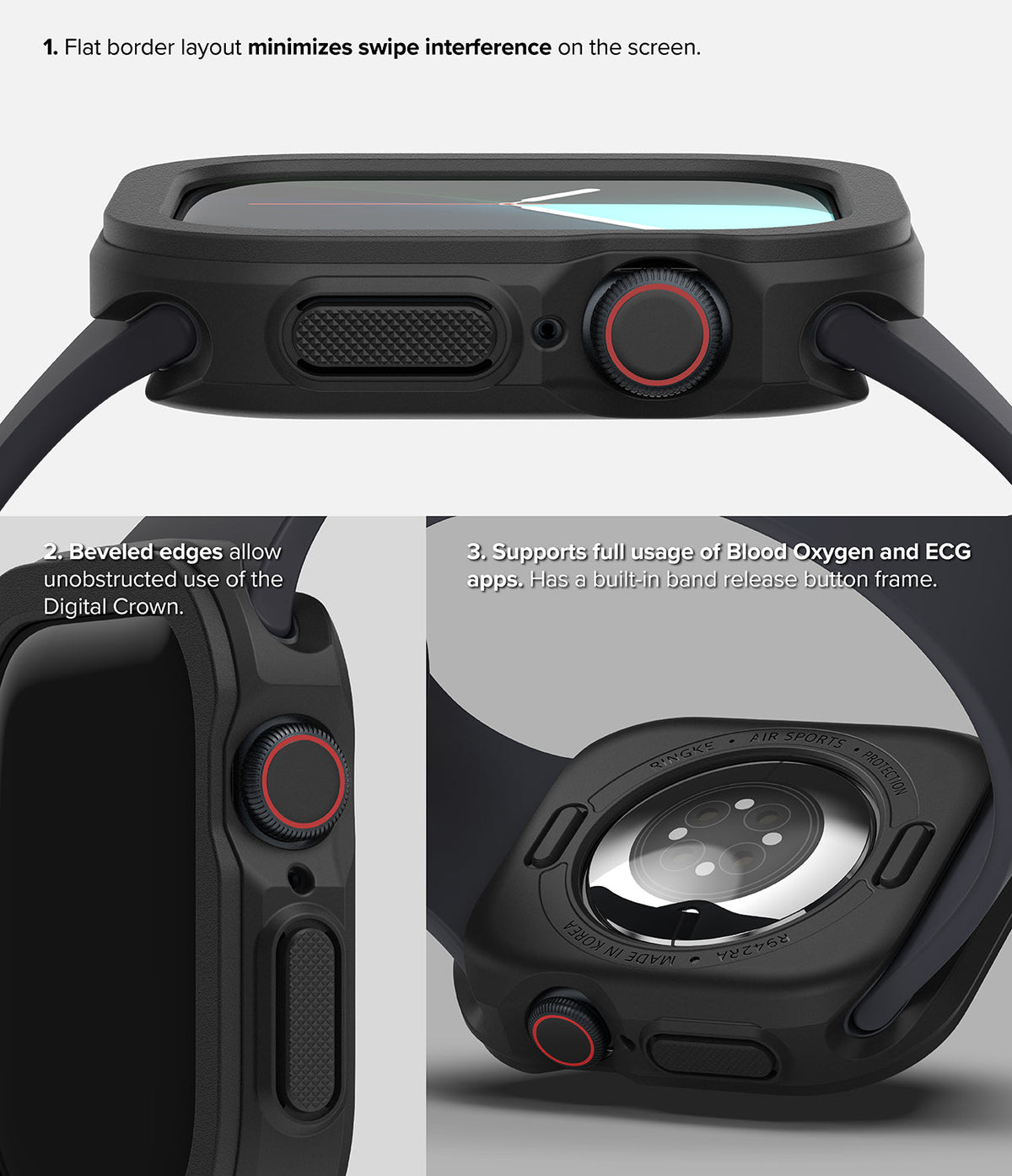Apple Watch 11 / 10 (42mm) Case | Air Sports - Close-up views of a black protective watch case showing button access.