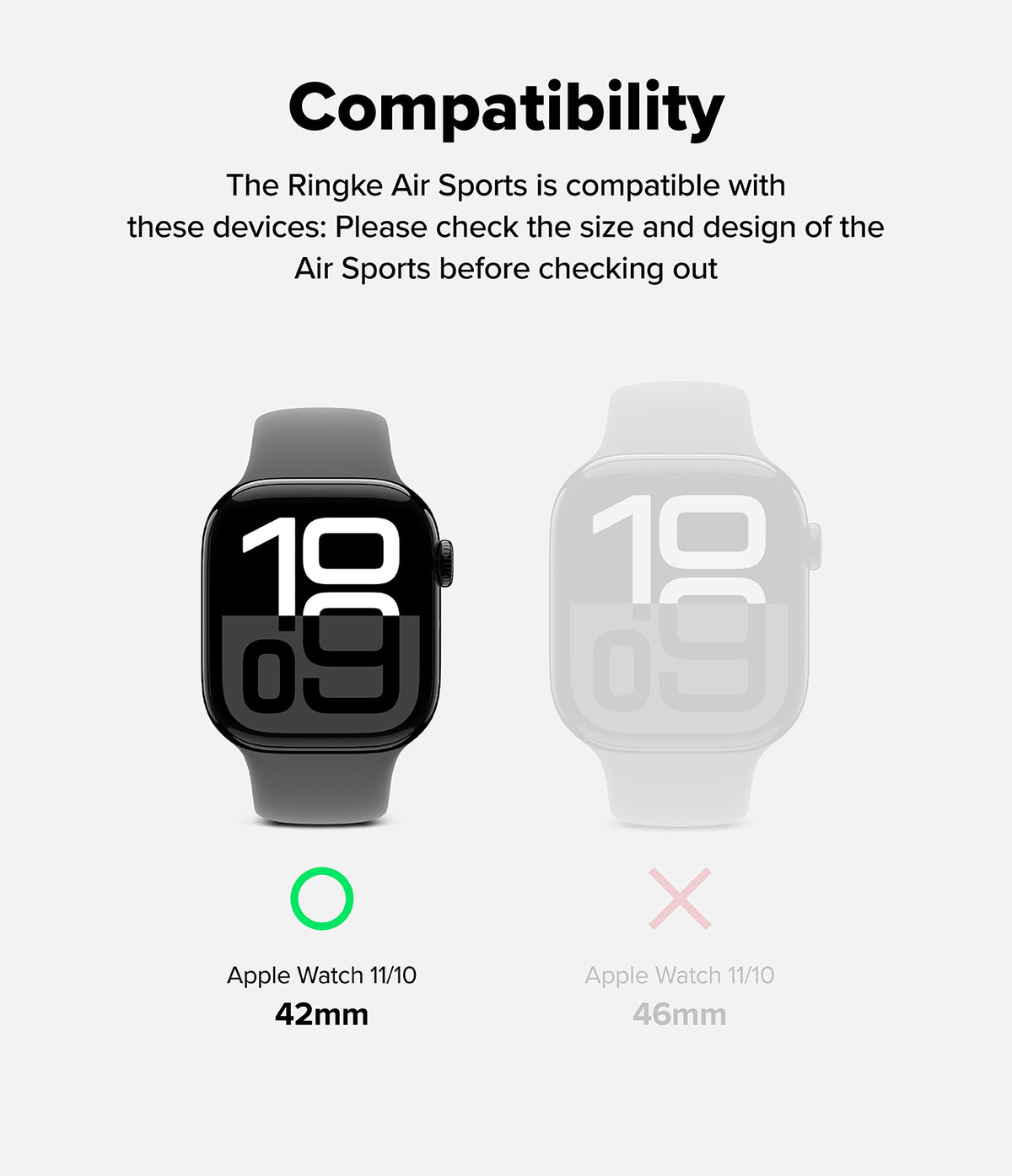 Apple Watch 11 / 10 (42mm) Case | Air Sports - Compatibility chart showing 42mm Apple Watch is compatible and 46mm is not.
