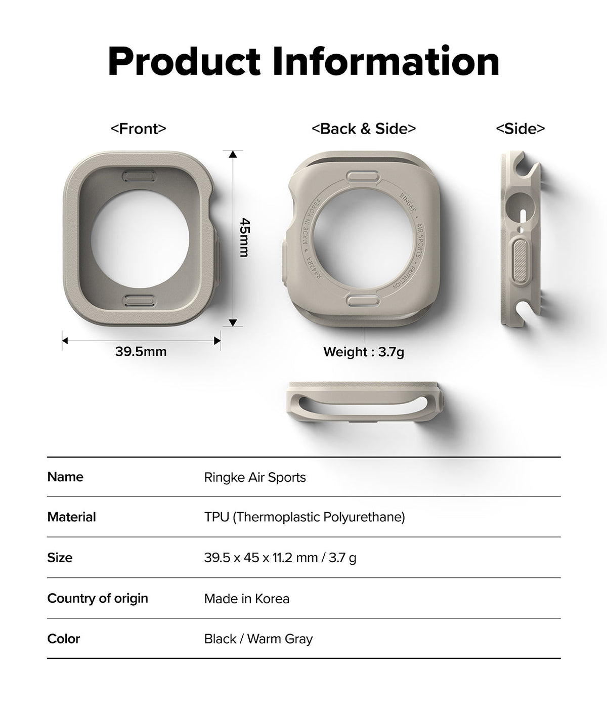 Apple Watch 11 / 10 (42mm) Case | Air Sports - Technical diagram of a warm gray watch case showing dimensions and specs.
