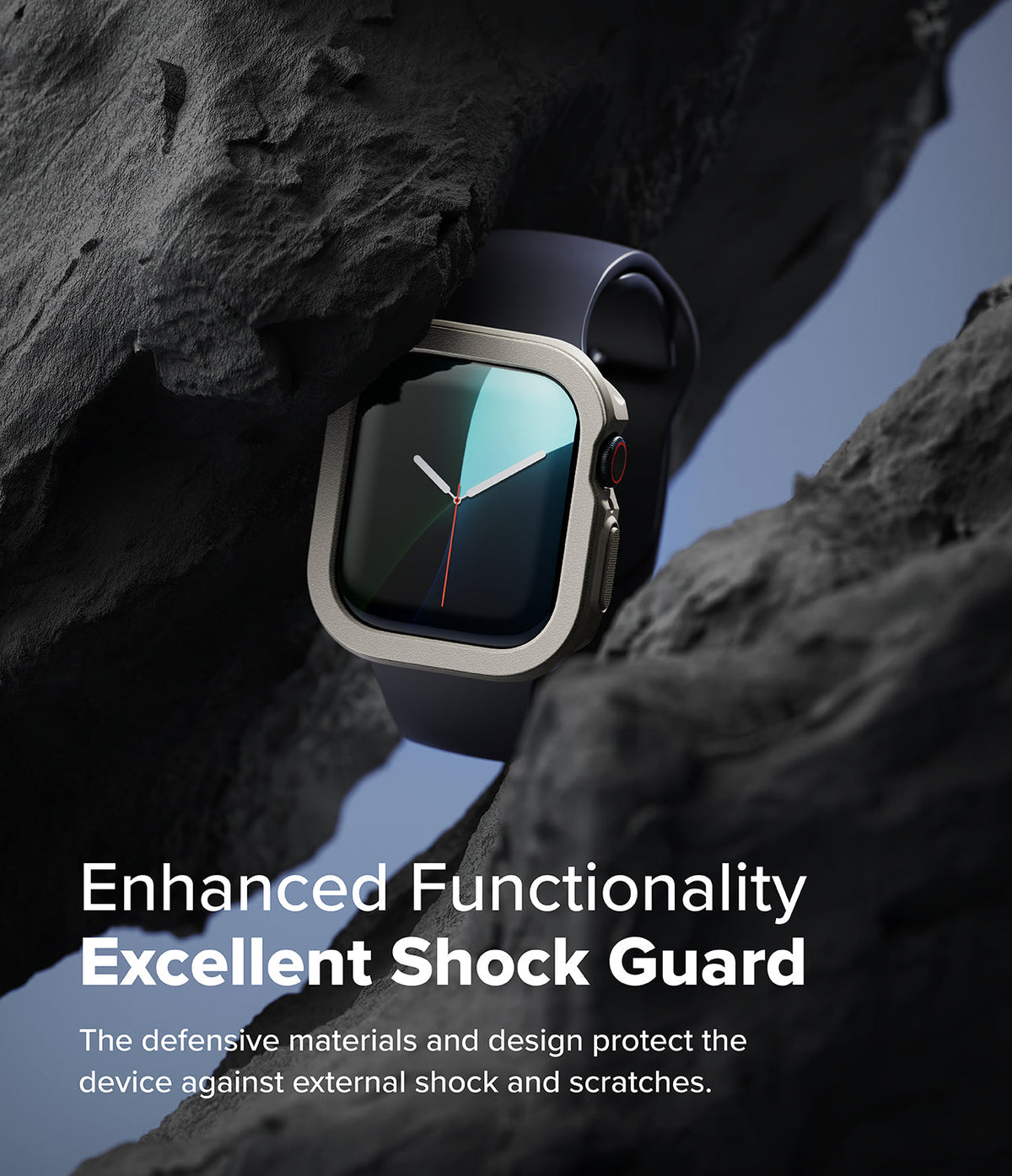 Apple Watch 11 / 10 (42mm) Case | Air Sports - Beige protective watch case nestled between dark, rugged rock formations.