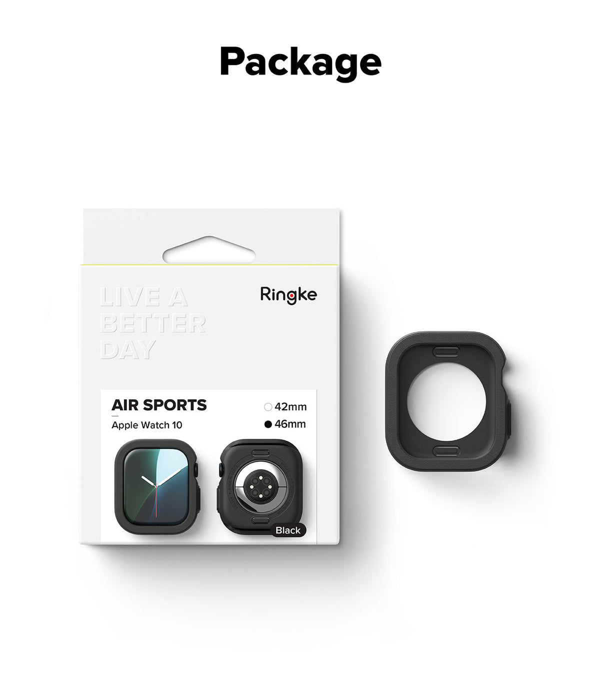 Apple Watch 11 / 10 (46mm) Case | Air Sports - Retail packaging for a black Apple Watch 10 protective case next to the case.