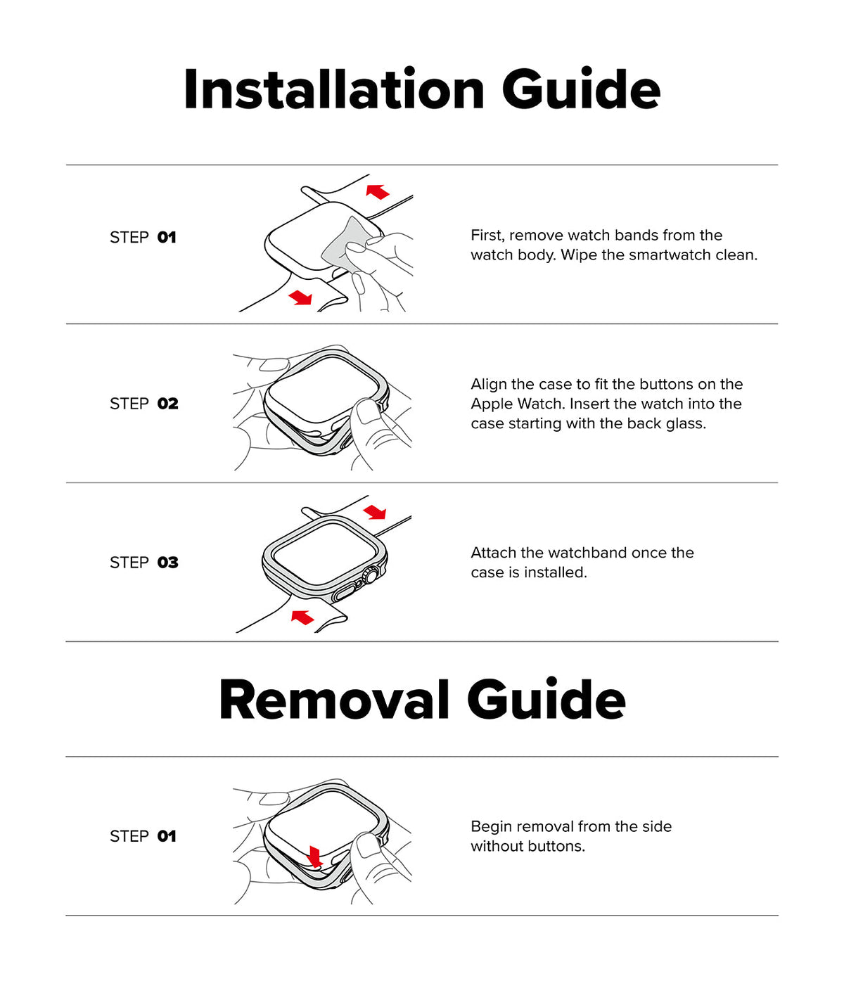Apple Watch 11 / 10 (46mm) Case | Air Sports - Illustrated guide showing steps to install and remove the watch case.