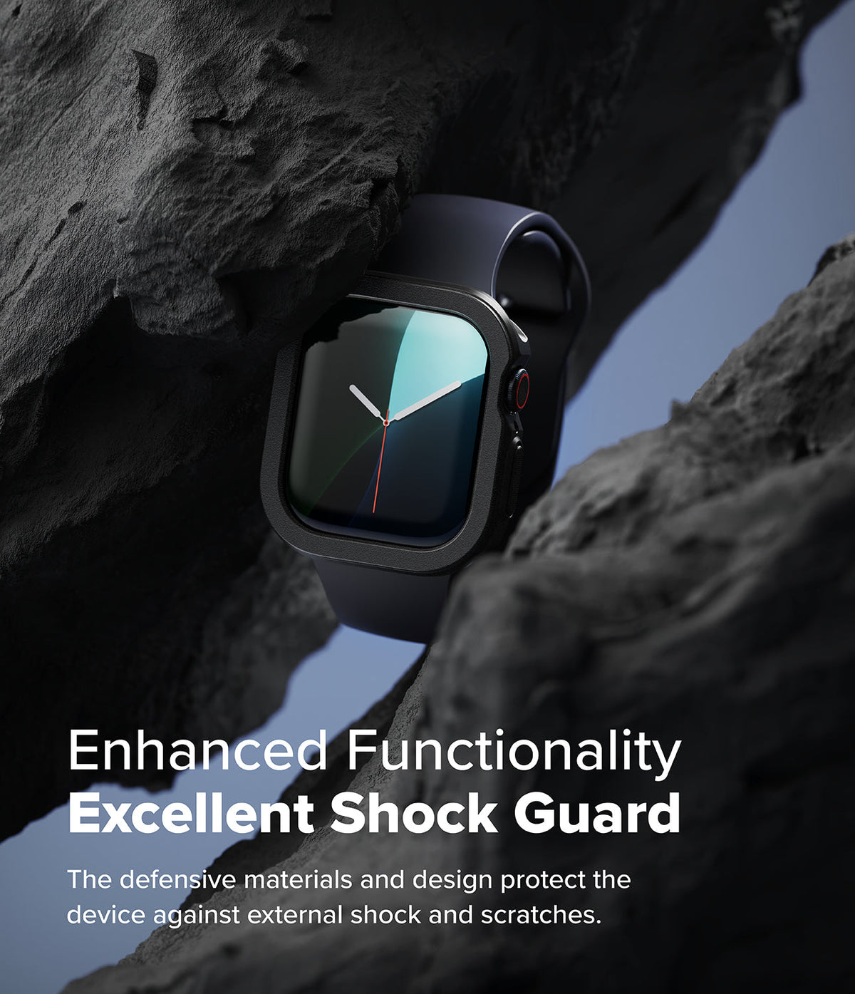 Apple Watch 11 / 10 (46mm) Case | Air Sports - Black protective watch case nestled between jagged dark rock formations.