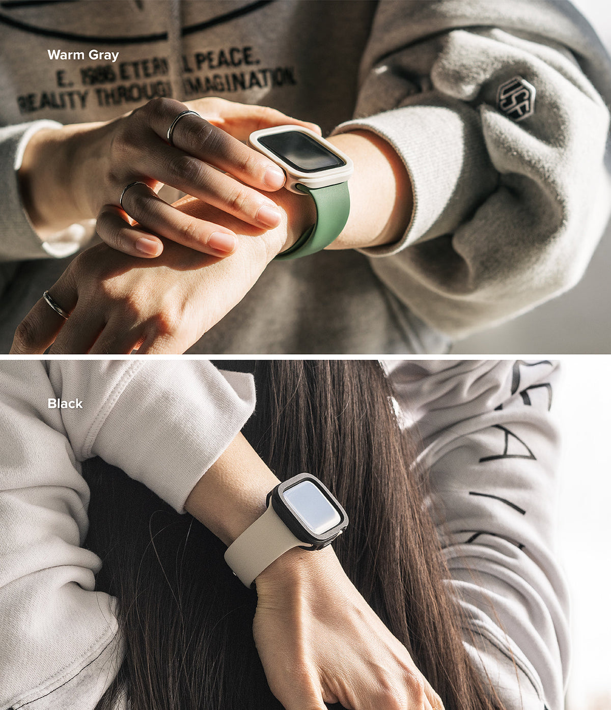 Apple Watch 11 / 10 (46mm) Case | Air Sports - Two views of Apple Watch cases in Warm Gray and Black on wrists.