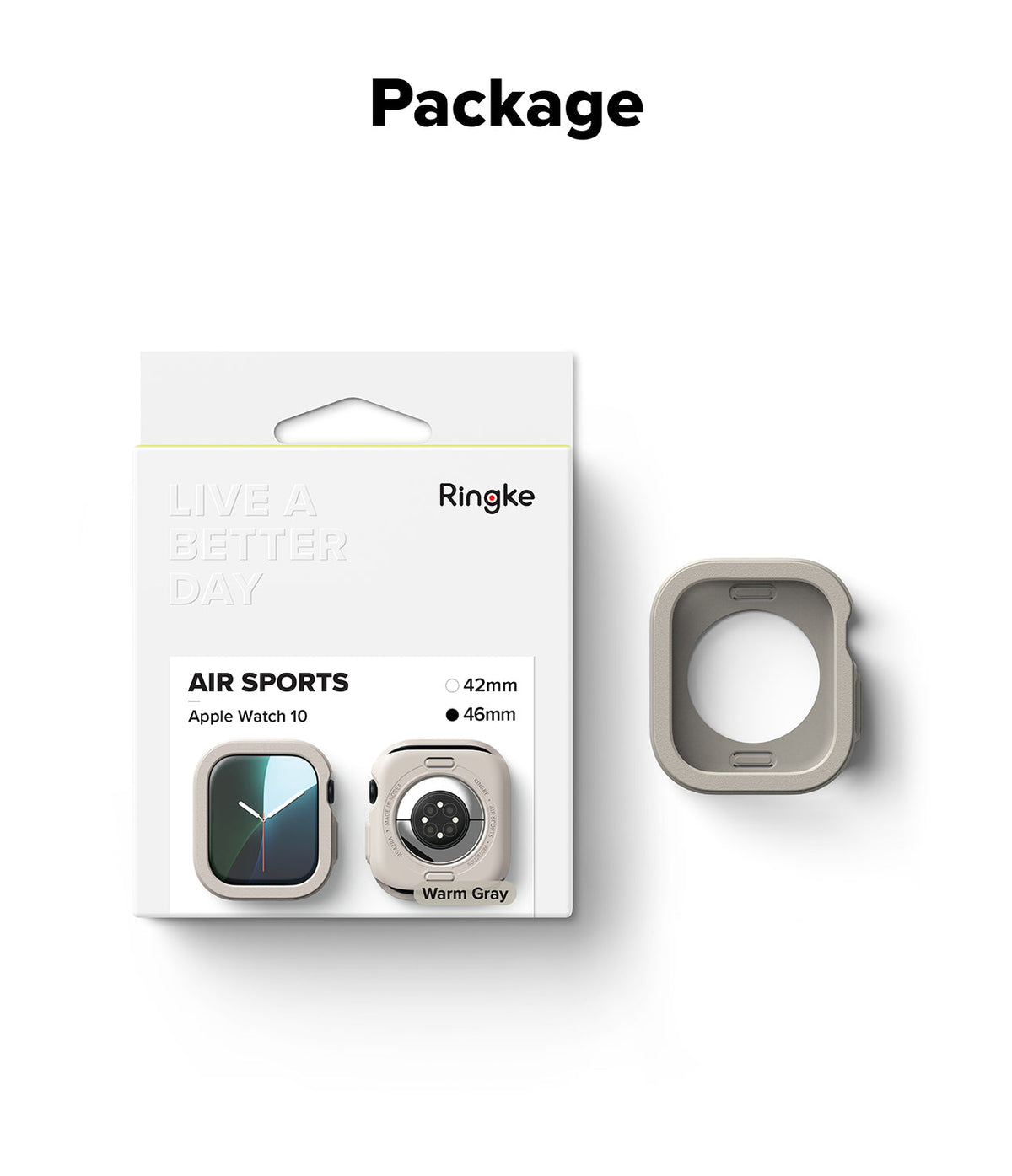 Apple Watch 11 / 10 (46mm) Case | Air Sports - Warm gray protective watch case in retail packaging with product views.