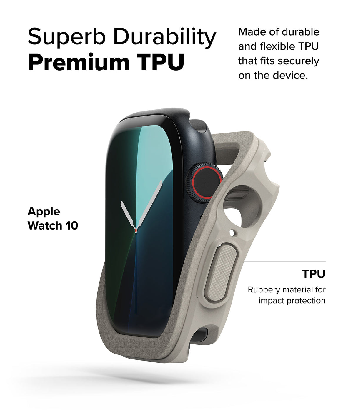 Apple Watch 11 / 10 (46mm) Case | Air Sports - A black Apple Watch being inserted into a flexible, beige TPU protective case.