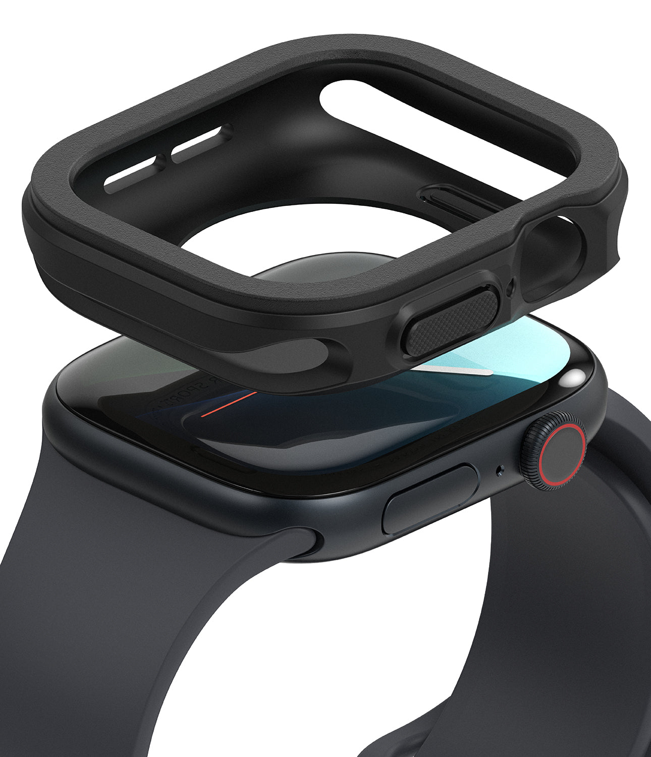 Apple Watch 11 / 10 (42mm) Case | Air Sports - Black protective case hovering above a black Apple Watch with a red dial.