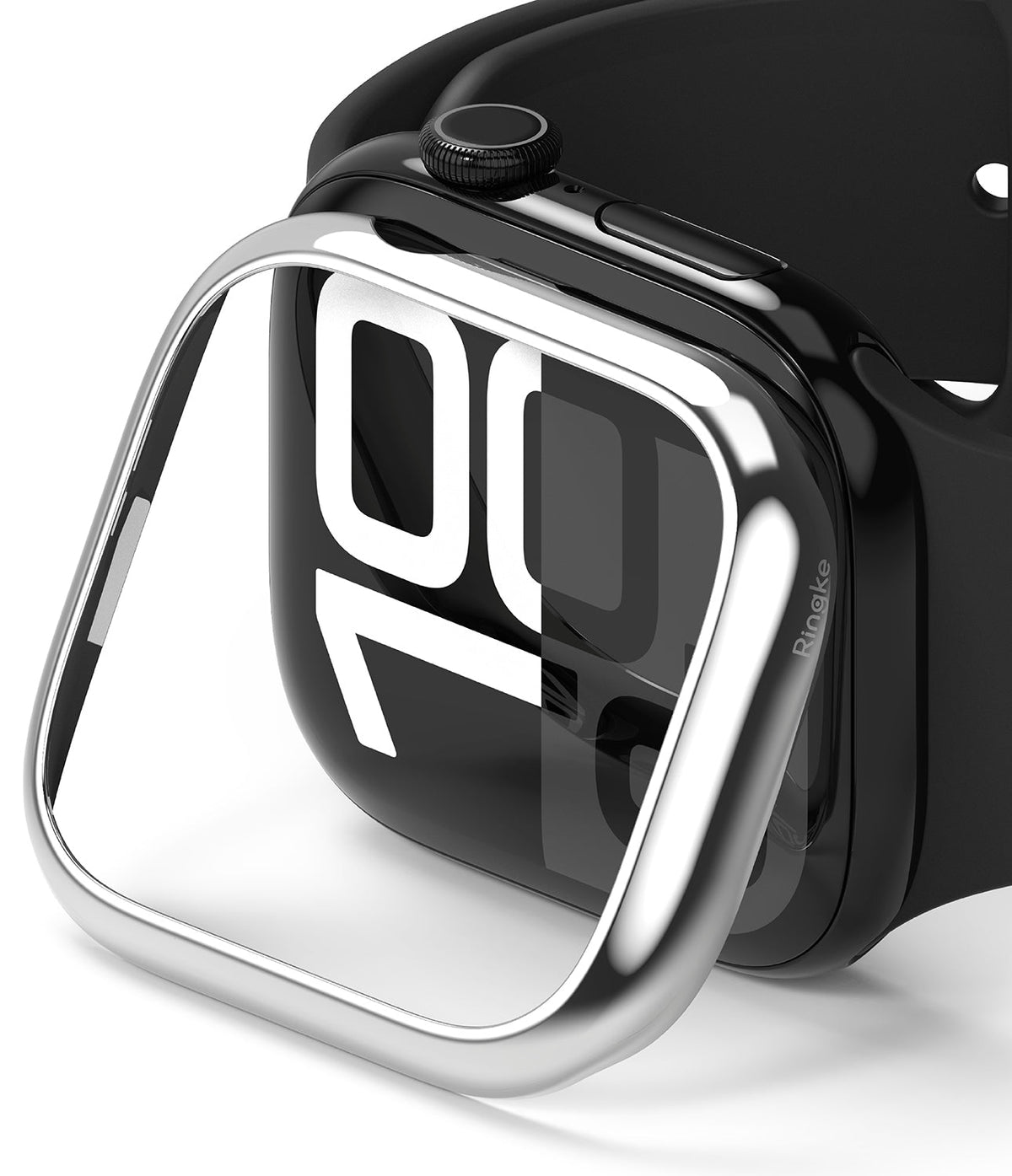 Apple Watch 11 / 10 (46mm) Cover | Bezel Styling - A silver metallic bezel styling frame hovering over a black Apple Watch.