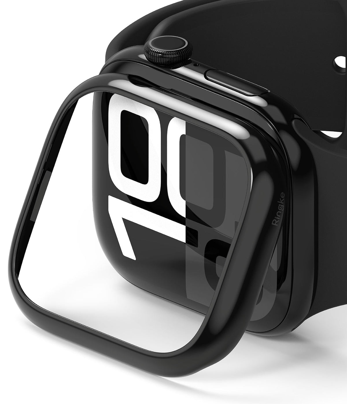 Apple Watch 11 / 10 (46mm) Cover | Bezel Styling - Glossy black protective bezel frame hovering over an Apple Watch.
