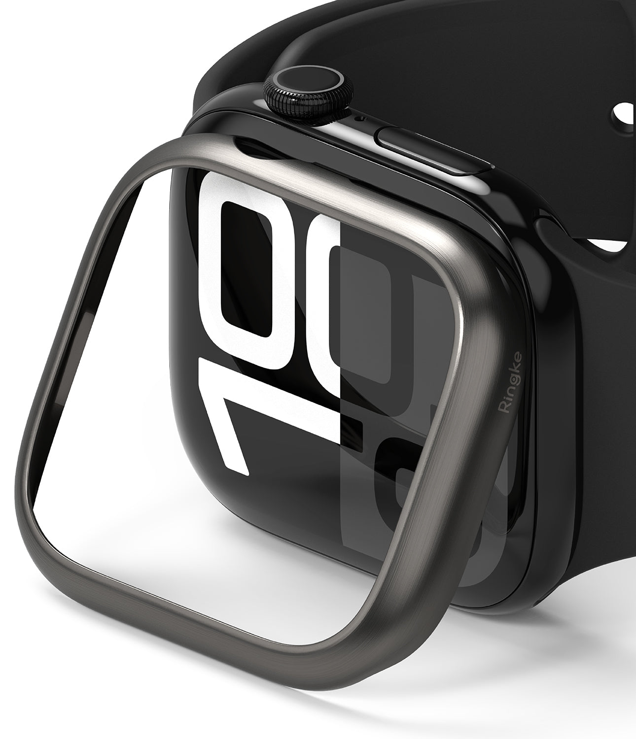 Apple Watch 11 / 10 (46mm) Cover | Bezel Styling - Brushed metallic bezel cover hovering over a black Apple Watch.