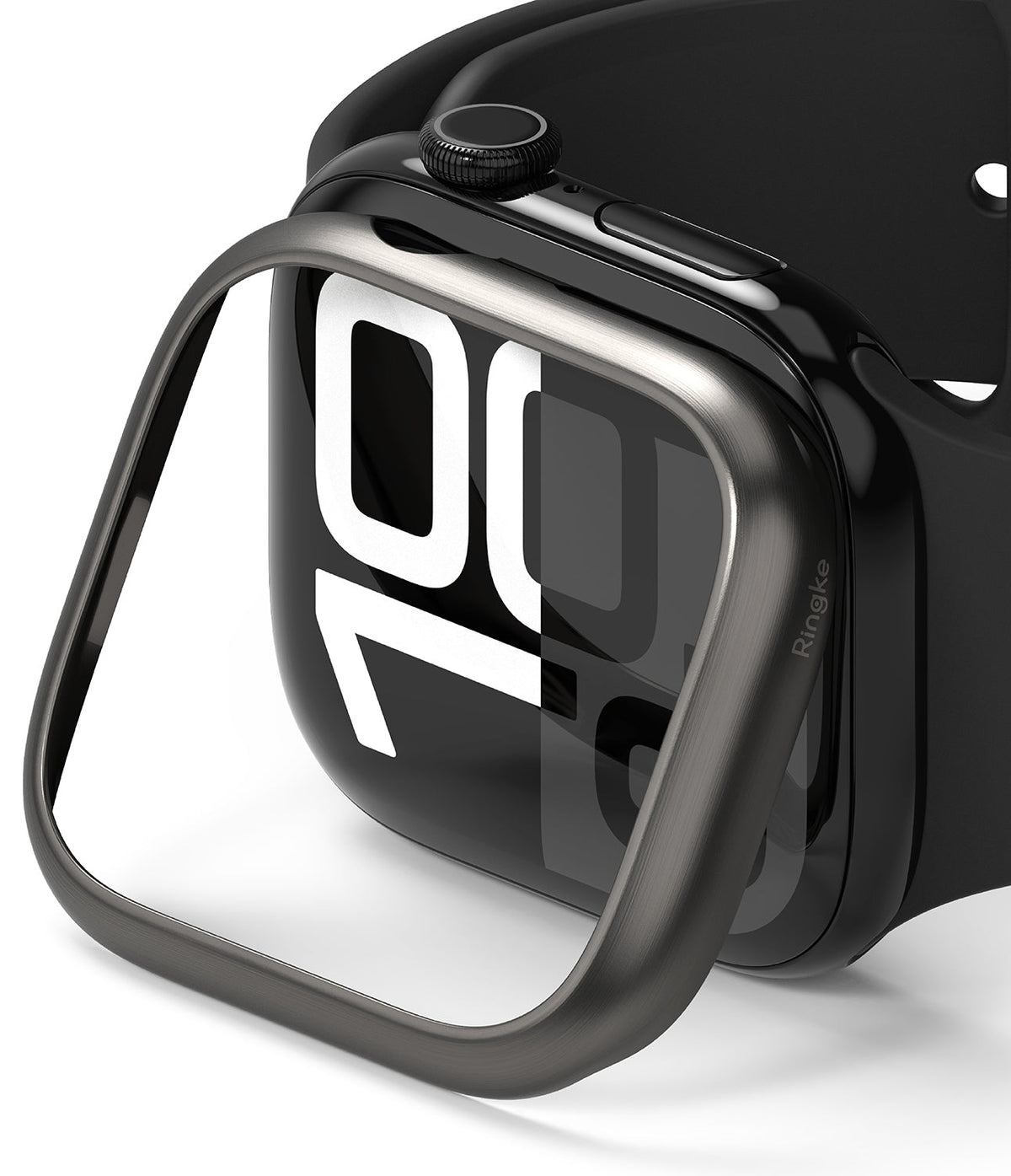 Apple Watch 11 / 10 (46mm) Cover | Bezel Styling - Brushed metallic bezel cover hovering over a black Apple Watch.