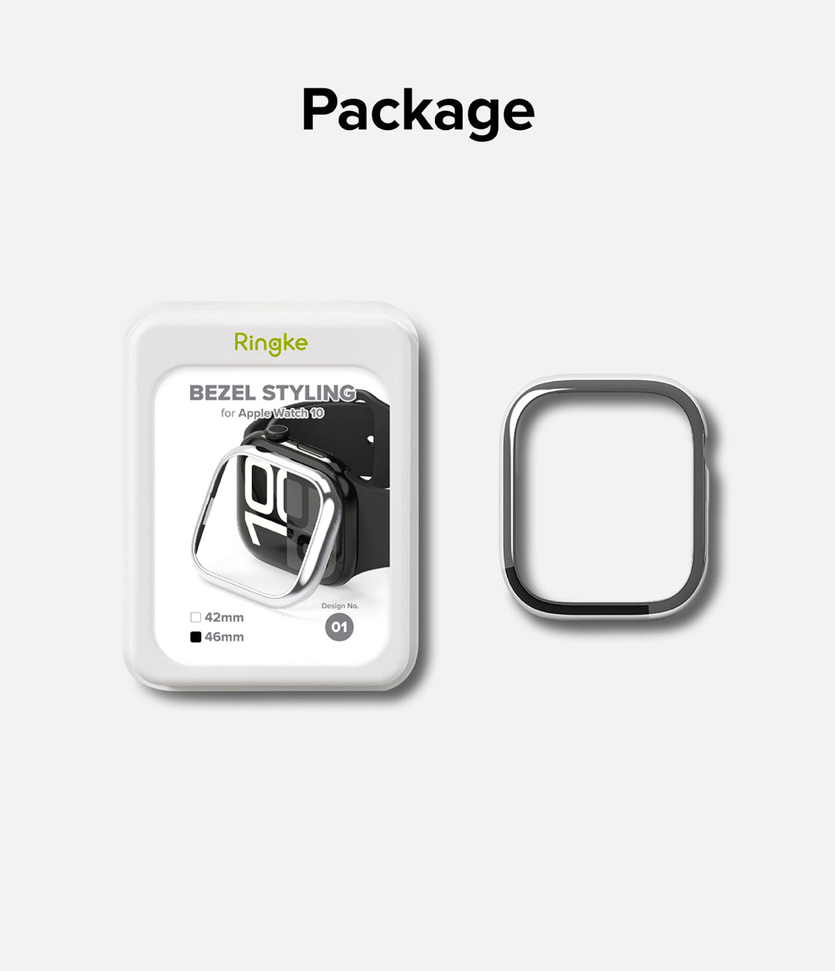 Apple Watch 11 / 10 (46mm) Cover | Bezel Styling - Ringke bezel styling packaging and a silver watch bezel accessory.