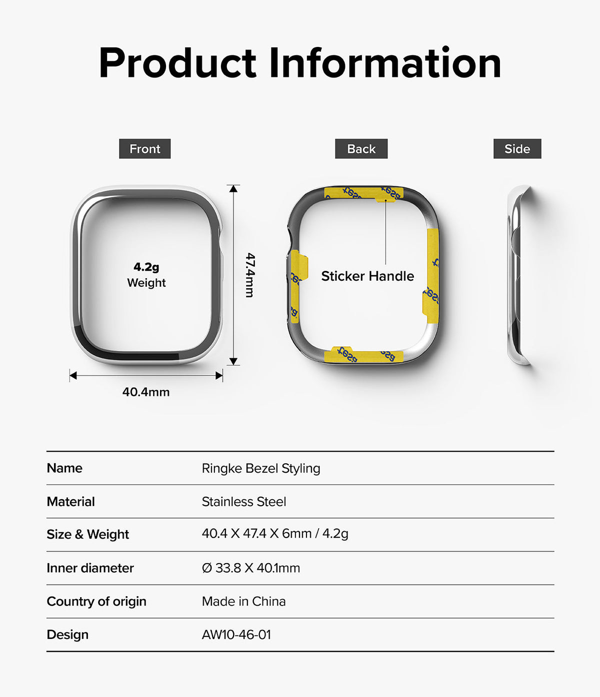 Apple Watch 11 / 10 (46mm) Cover | Bezel Styling - Technical diagram showing dimensions and features of a stainless steel bezel.