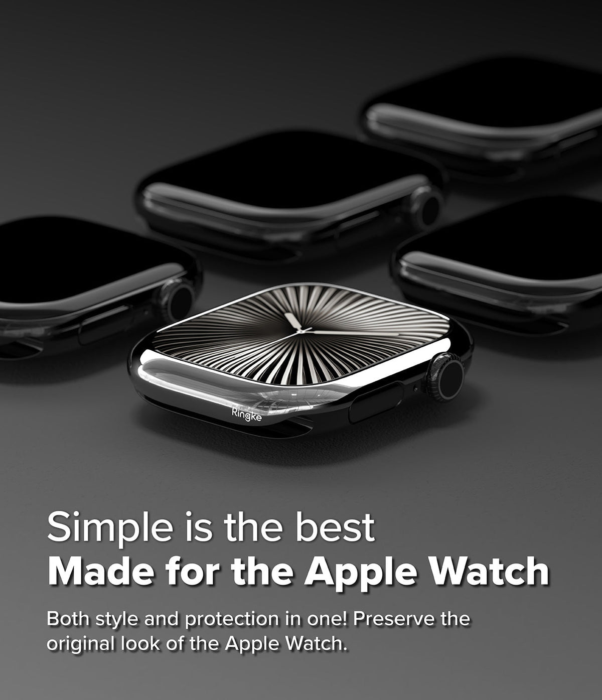 Apple Watch 11 / 10 (46mm) Cover | Bezel Styling - Multiple black Apple Watch cases with sunburst dials on a gray background.