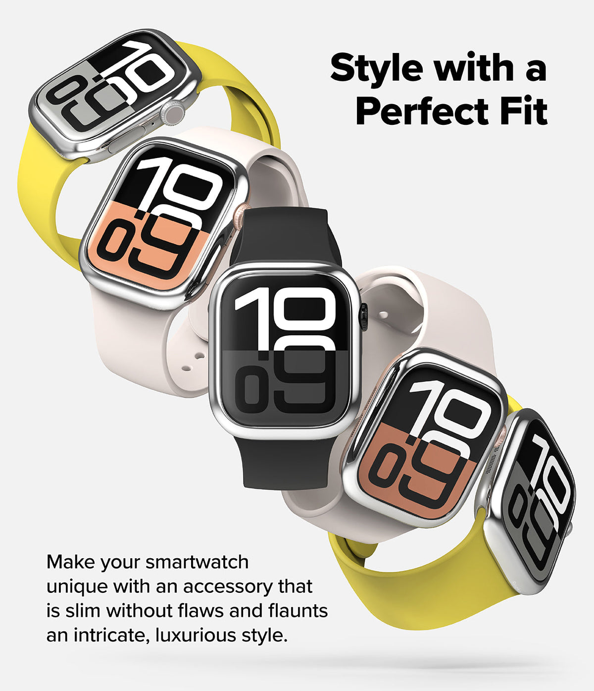 Apple Watch 11 / 10 (46mm) Cover | Bezel Styling - Five Apple Watches with silver bezels and colorful bands arranged diagonally.