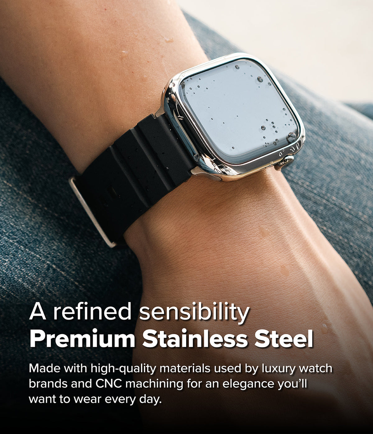 Apple Watch 11 / 10 (46mm) Cover | Bezel Styling - Polished stainless steel bezel cover on an Apple Watch with black band.
