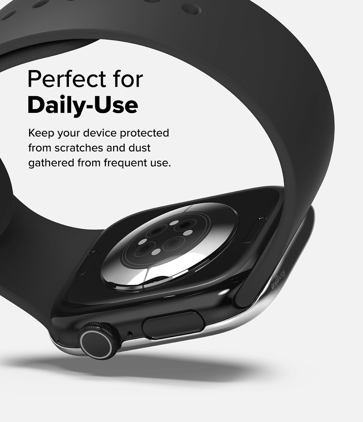 Apple Watch 11 / 10 (46mm) Cover | Bezel Styling - Black protective watch bezel on a silver Apple Watch with text.