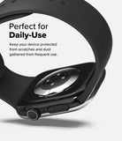 Apple Watch 11 / 10 (46mm) Cover | Bezel Styling - Black protective watch bezel on a silver Apple Watch with text.