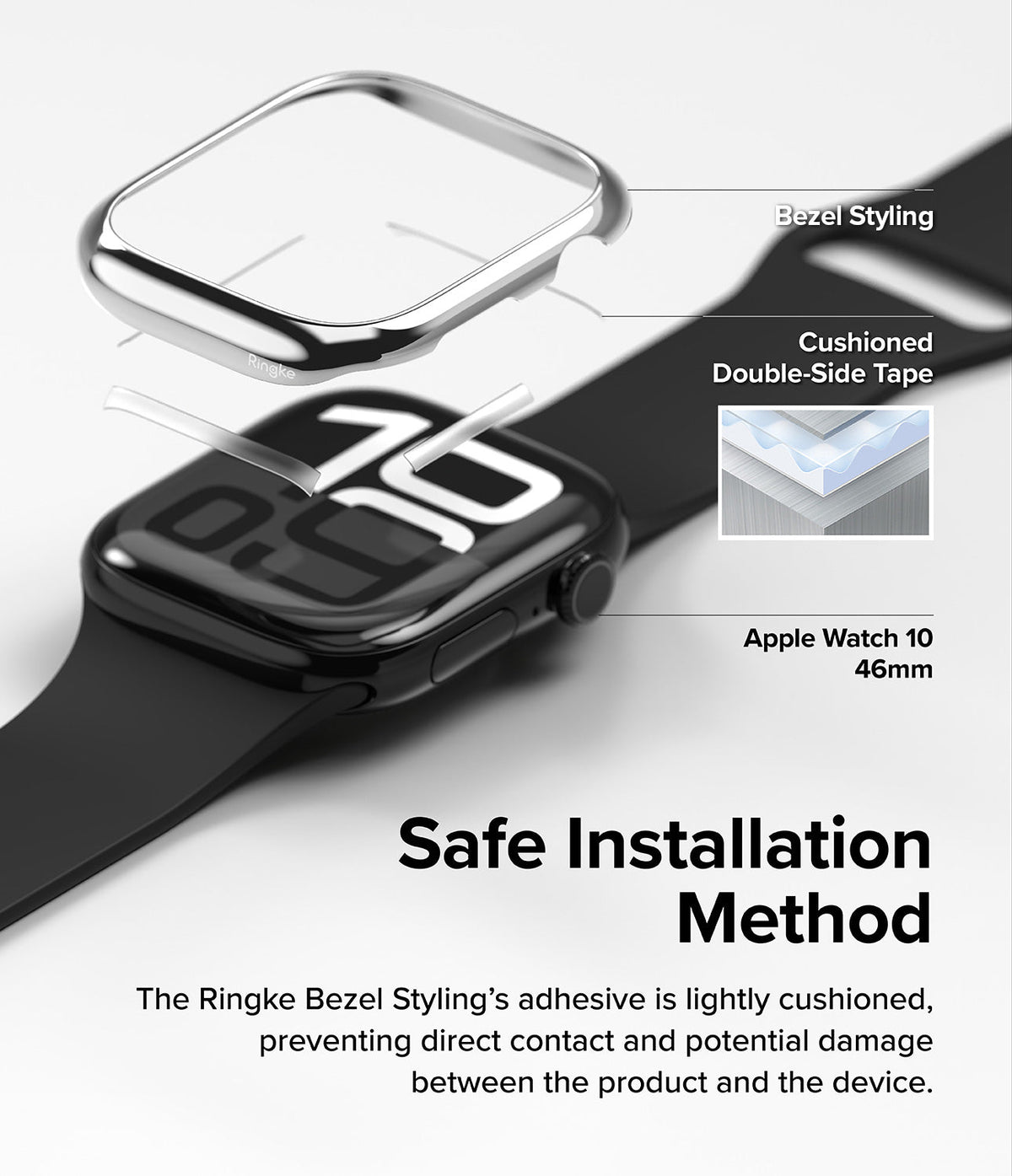 Apple Watch 11 / 10 (46mm) Cover | Bezel Styling - Exploded view of a watch bezel cover, adhesive tape, and Apple Watch.