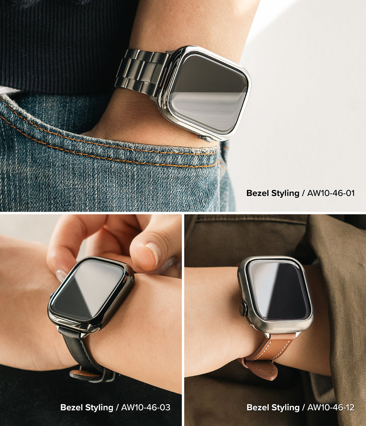 Apple Watch 11 / 10 (46mm) Cover | Bezel Styling - Three views of Apple Watches with metallic protective bezels.